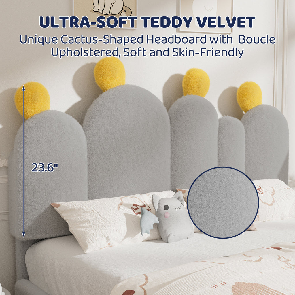 Boucle Bed Frame with Headboard .Cactus Upholstered Platform Bed, Soft Rounded Corners, Solid Wood Slats Support\u002FNo Box Spring Needed