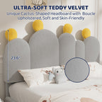 Boucle Bed Frame with Headboard .Cactus Upholstered Platform Bed, Soft Rounded Corners, Solid Wood Slats Support\u002FNo Box Spring Needed