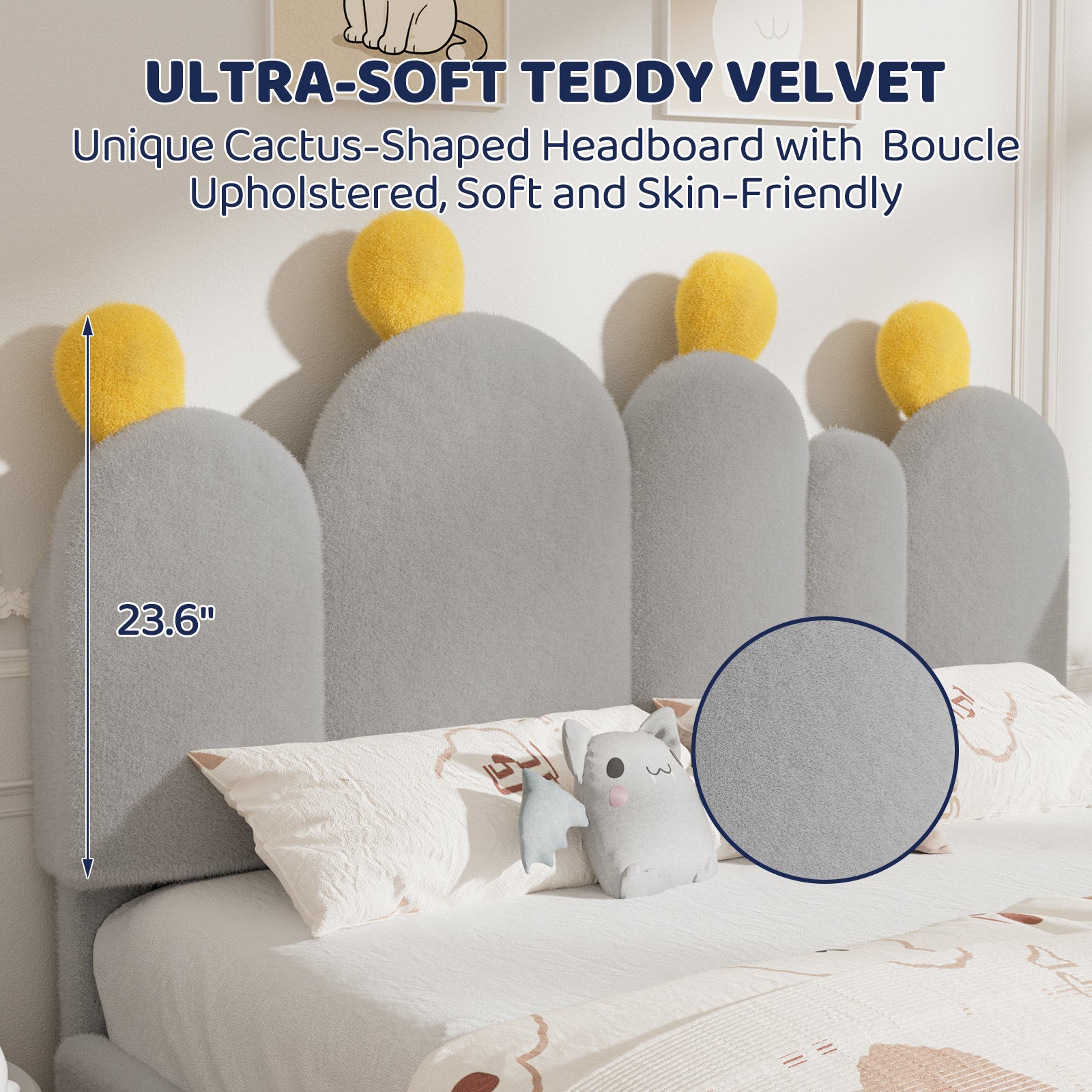 Boucle Bed Frame with Headboard .Cactus Upholstered Platform Bed, Soft Rounded Corners, Solid Wood Slats Support\u002FNo Box Spring Needed