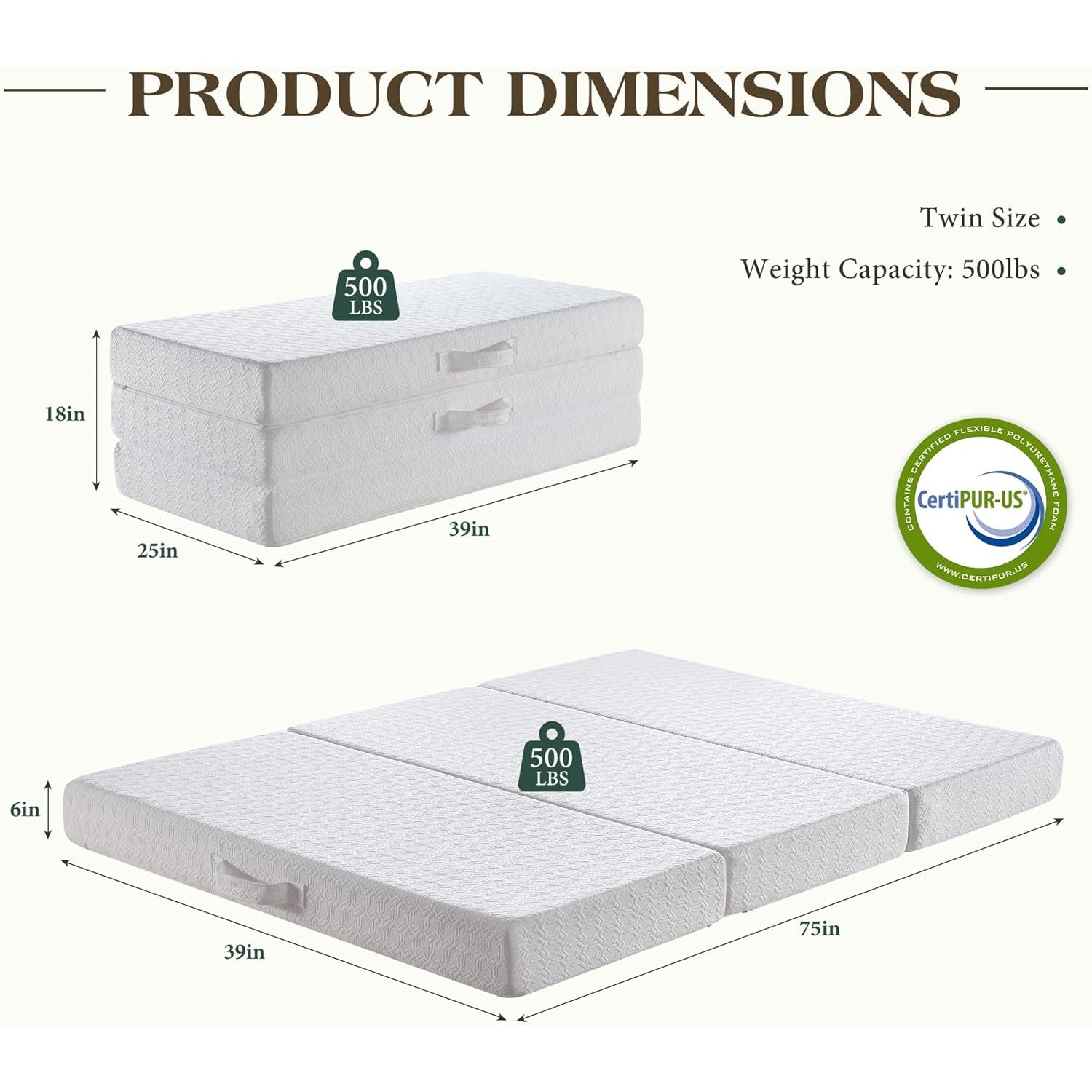 6 Inch Tri-Fold Memory Foam Mattress, Portable Folding Bed with Removable Washable Cover, Floor Mattress