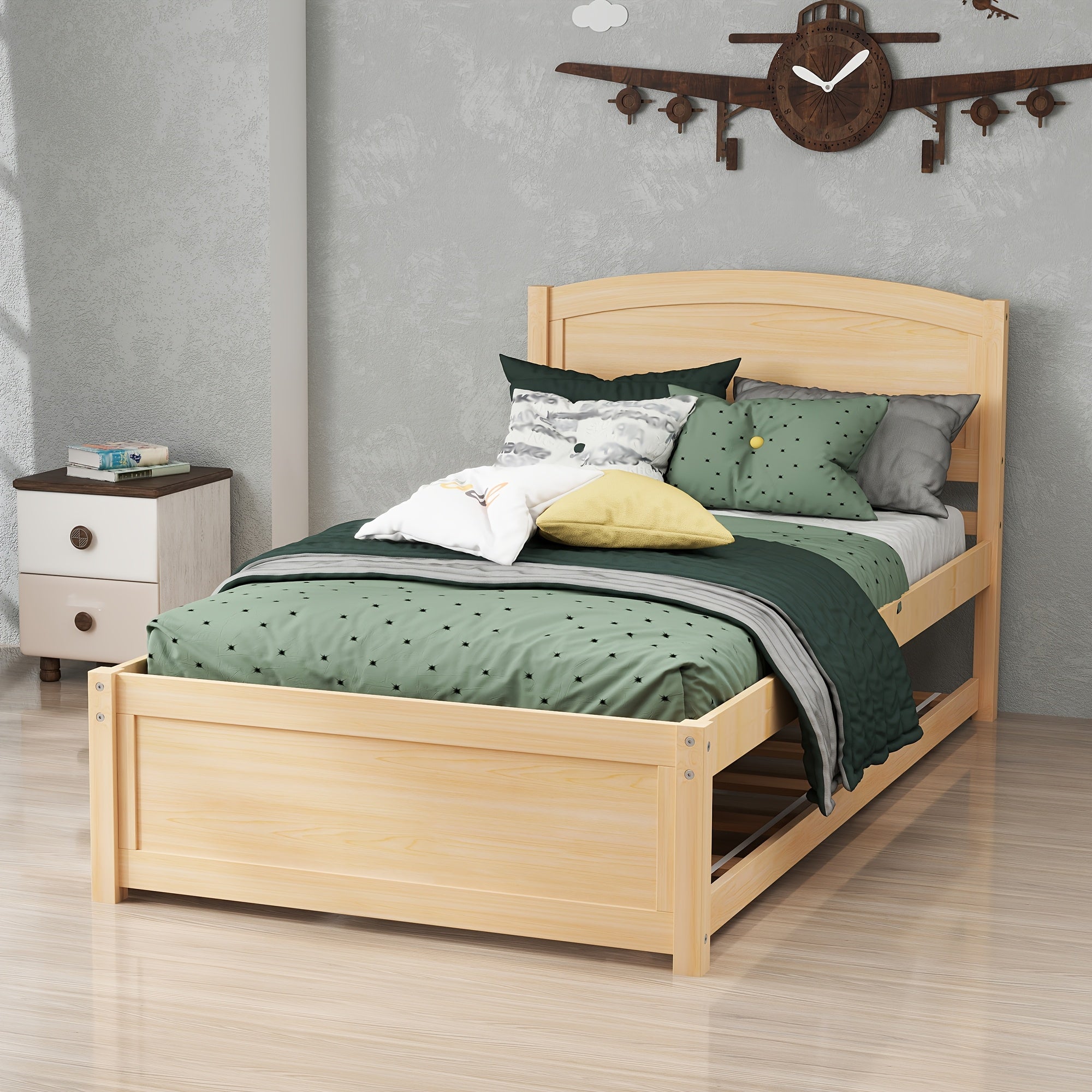 Twin Bed with Trundle, Wood Bed Frame with Headboard And Footboard Wood Platform Captain Beds