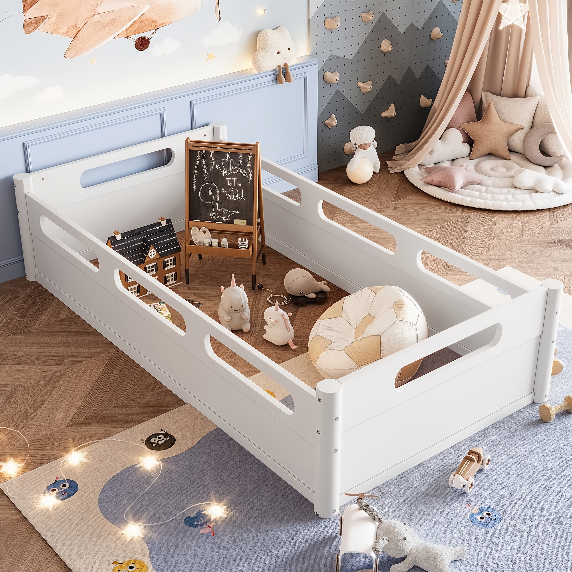 BELLEMAVE Twin Size Floor Platform Bed with Full-length Guardrails, Low Profile Twin Bed Frame, No Box Spring Needed, White