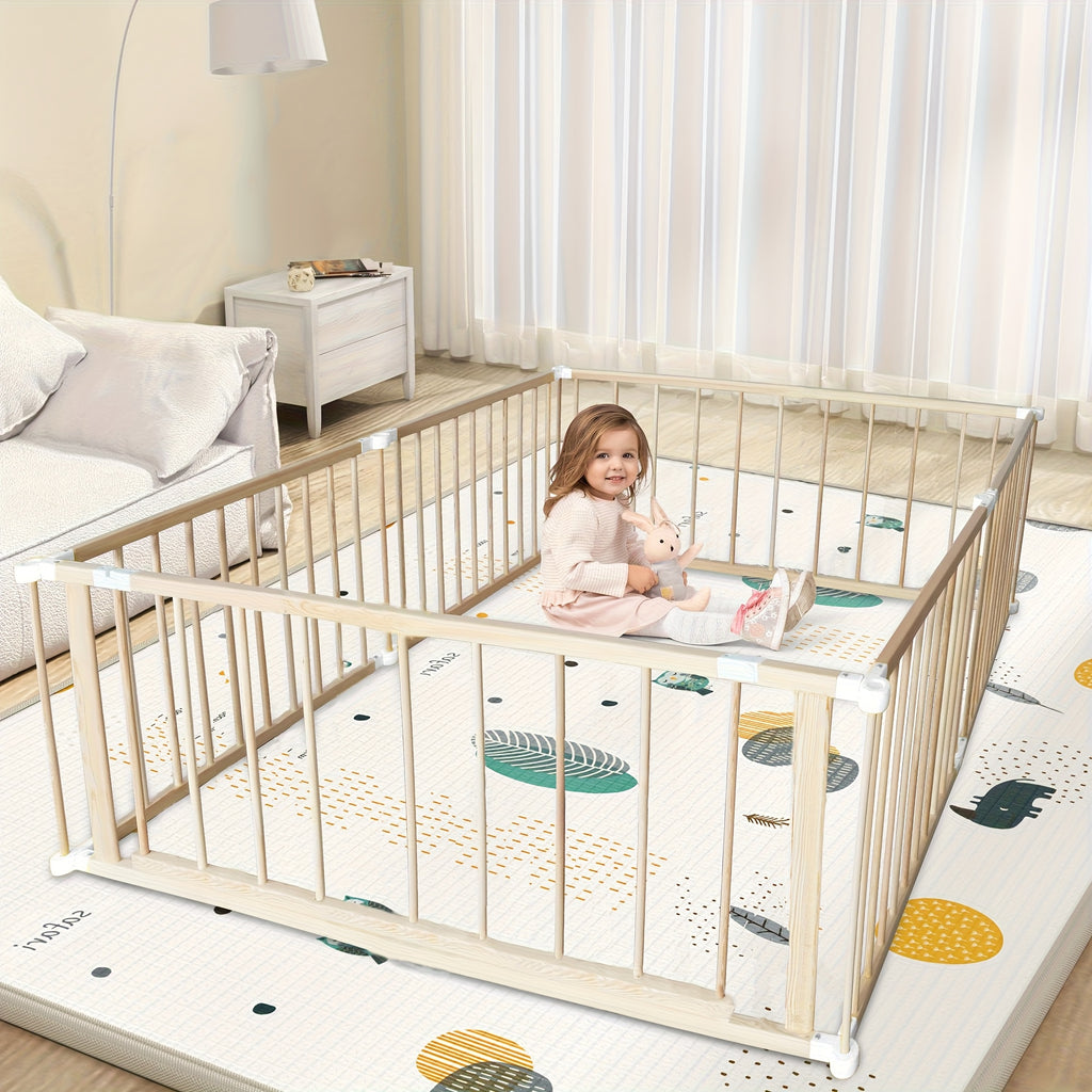 LUCKYERMORE Foldable 6-Panel Wood Baby Playpen with Gate & Anti-Slip Base - \u002F Kids Activity Center, Easy Assembly, Lockable Doors, Expandable Playpen Suitable for Babies and Toddlers