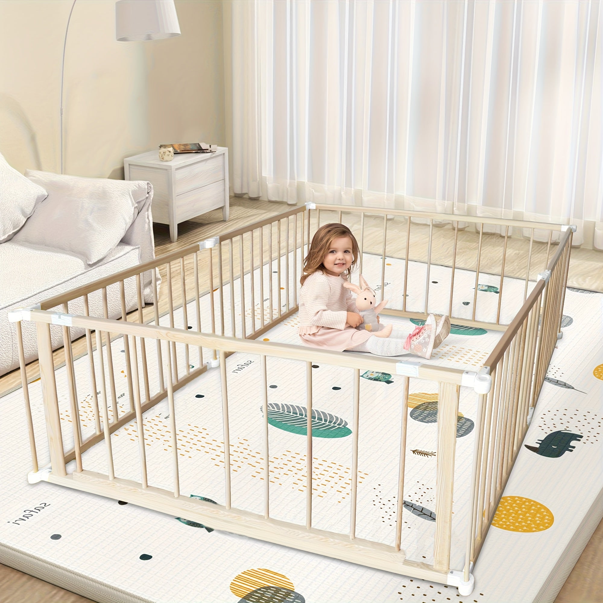 LUCKYERMORE Foldable 6-Panel Wood Baby Playpen with Gate & Anti-Slip Base - \u002F Kids Activity Center, Easy Assembly, Lockable Doors, Expandable Playpen Suitable for Babies and Toddlers