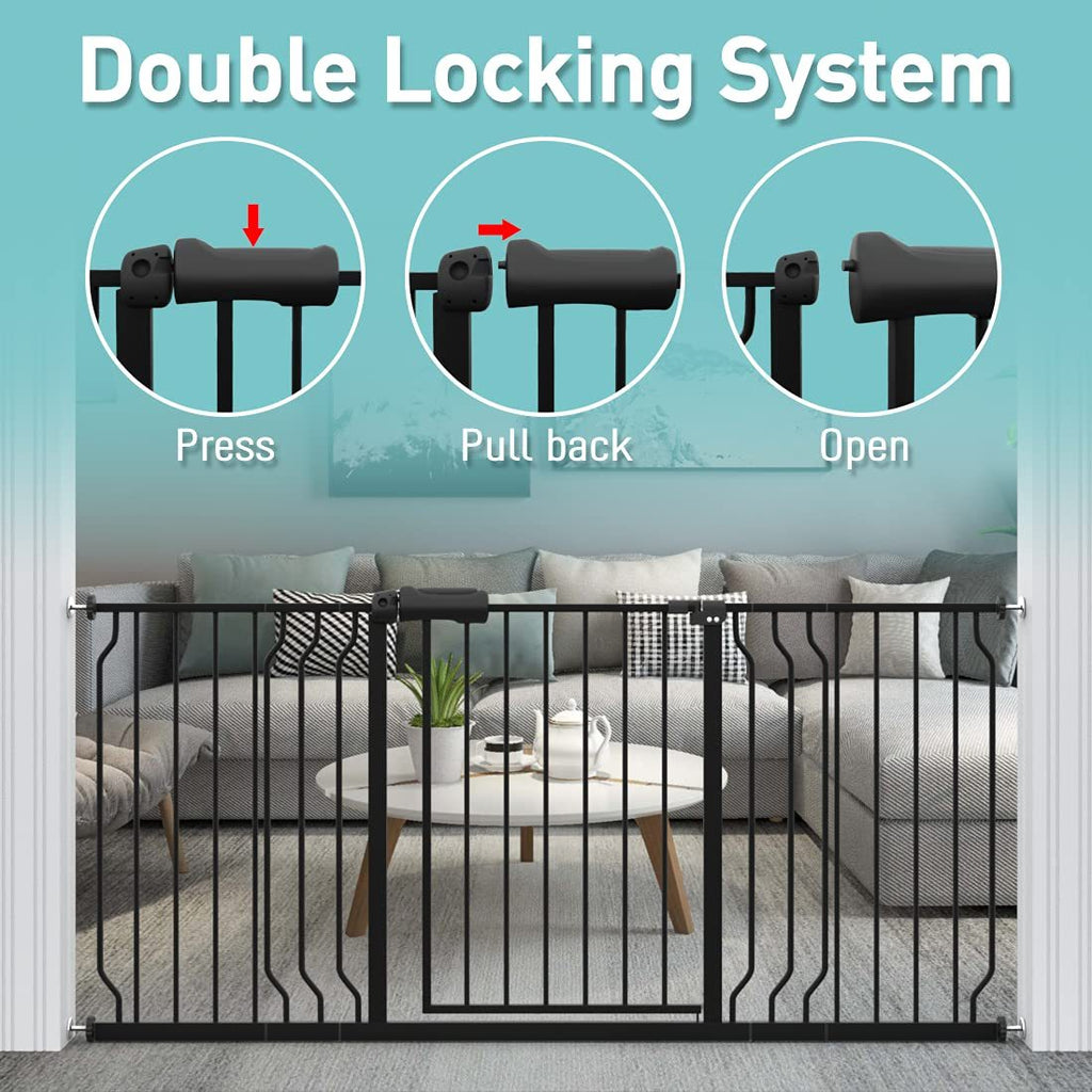 Extra Wide Pressure Mounted Safety Gate with Walk Through Door, Auto Close Swing Design, Metal Pet Gate for Stairs Doorways Kitchen, Black\u002FWhite