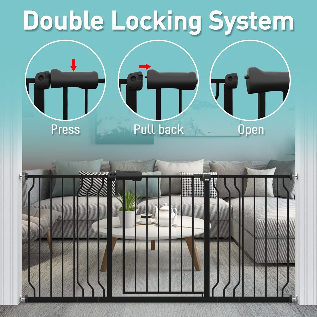 Extra Wide Pressure Mounted Safety Gate with Walk Through Door, Auto Close Swing Design, Metal Pet Gate for Stairs Doorways Kitchen, Black\u002FWhite