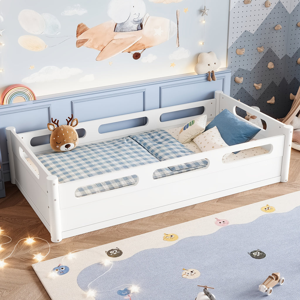 BELLEMAVE Twin Size Floor Platform Bed with Full-length Guardrails, Low Profile Twin Bed Frame, No Box Spring Needed, White