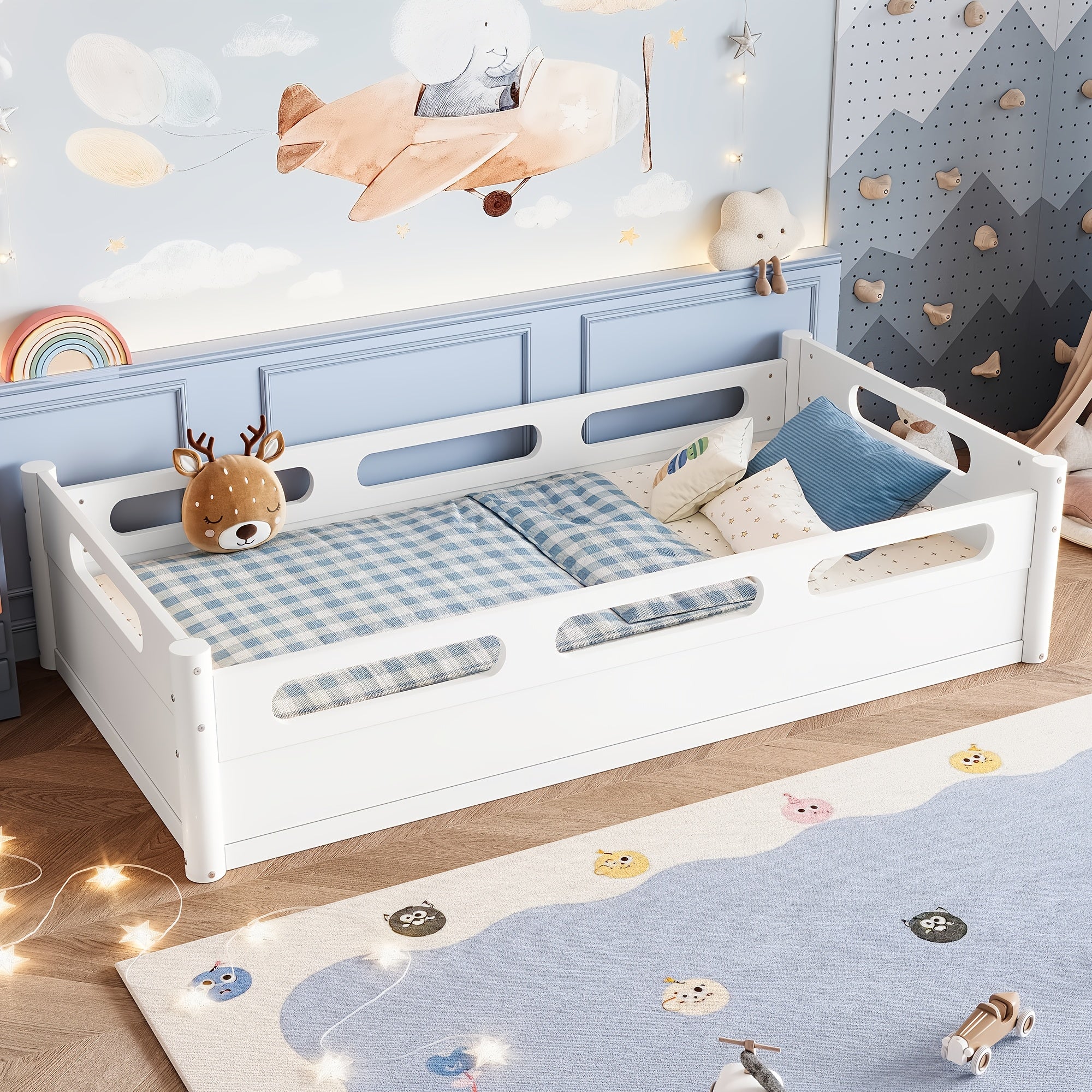 BELLEMAVE Twin Size Floor Platform Bed with Full-length Guardrails, Low Profile Twin Bed Frame, No Box Spring Needed, White
