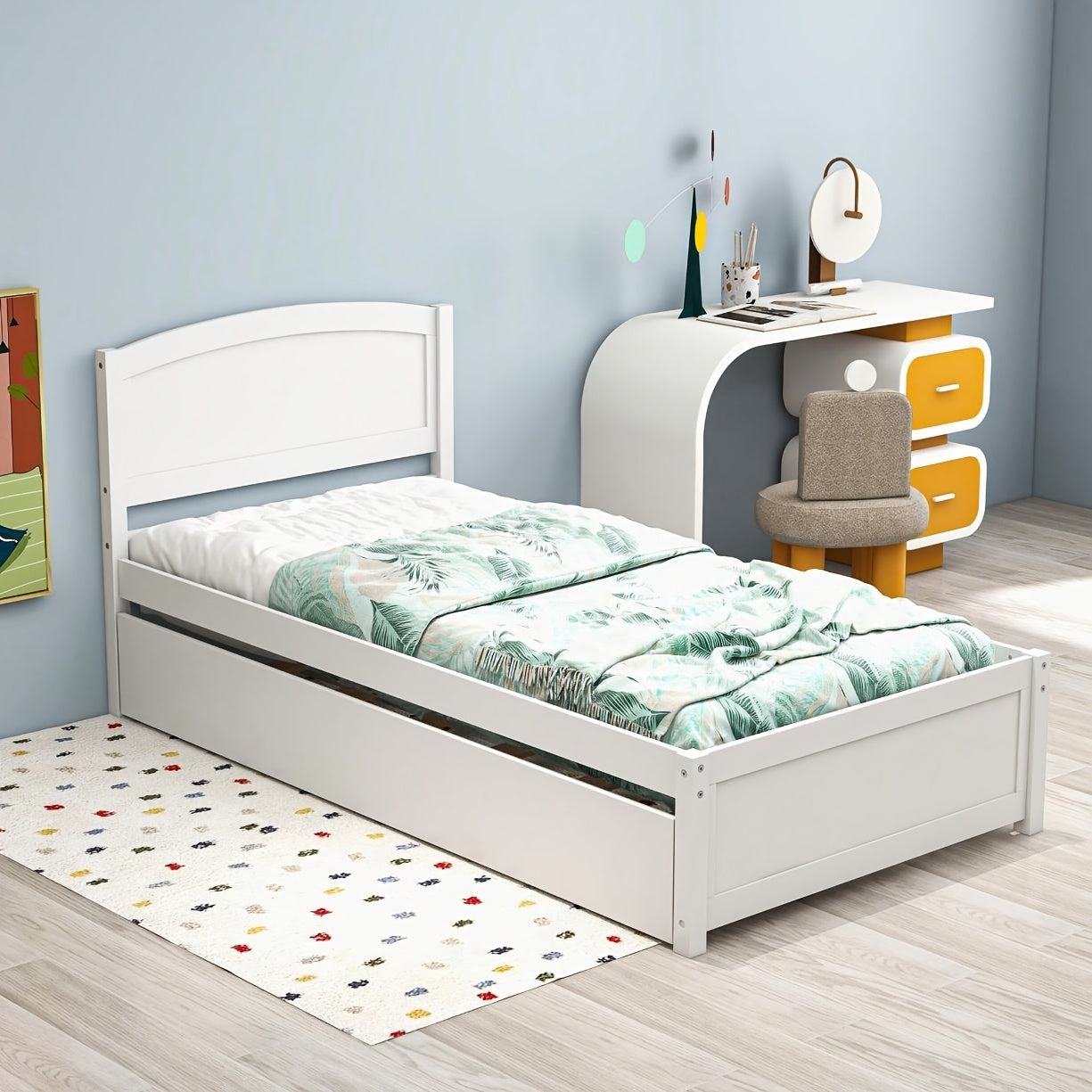 Twin-Sized Daybed with a Pull-Out Trundle, Made of Solid Wood, Featuring Slat Support, Available in White And Grey