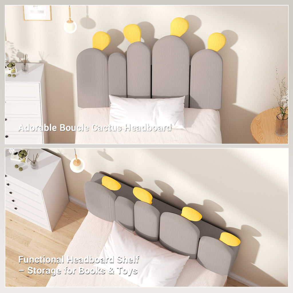 Boucle Bed Frame with Headboard .Cactus Upholstered Platform Bed, Soft Rounded Corners, Solid Wood Slats Support\u002FNo Box Spring Needed