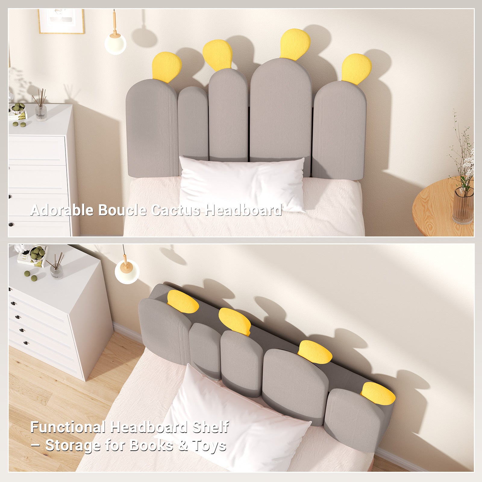 Boucle Bed Frame with Headboard .Cactus Upholstered Platform Bed, Soft Rounded Corners, Solid Wood Slats Support\u002FNo Box Spring Needed
