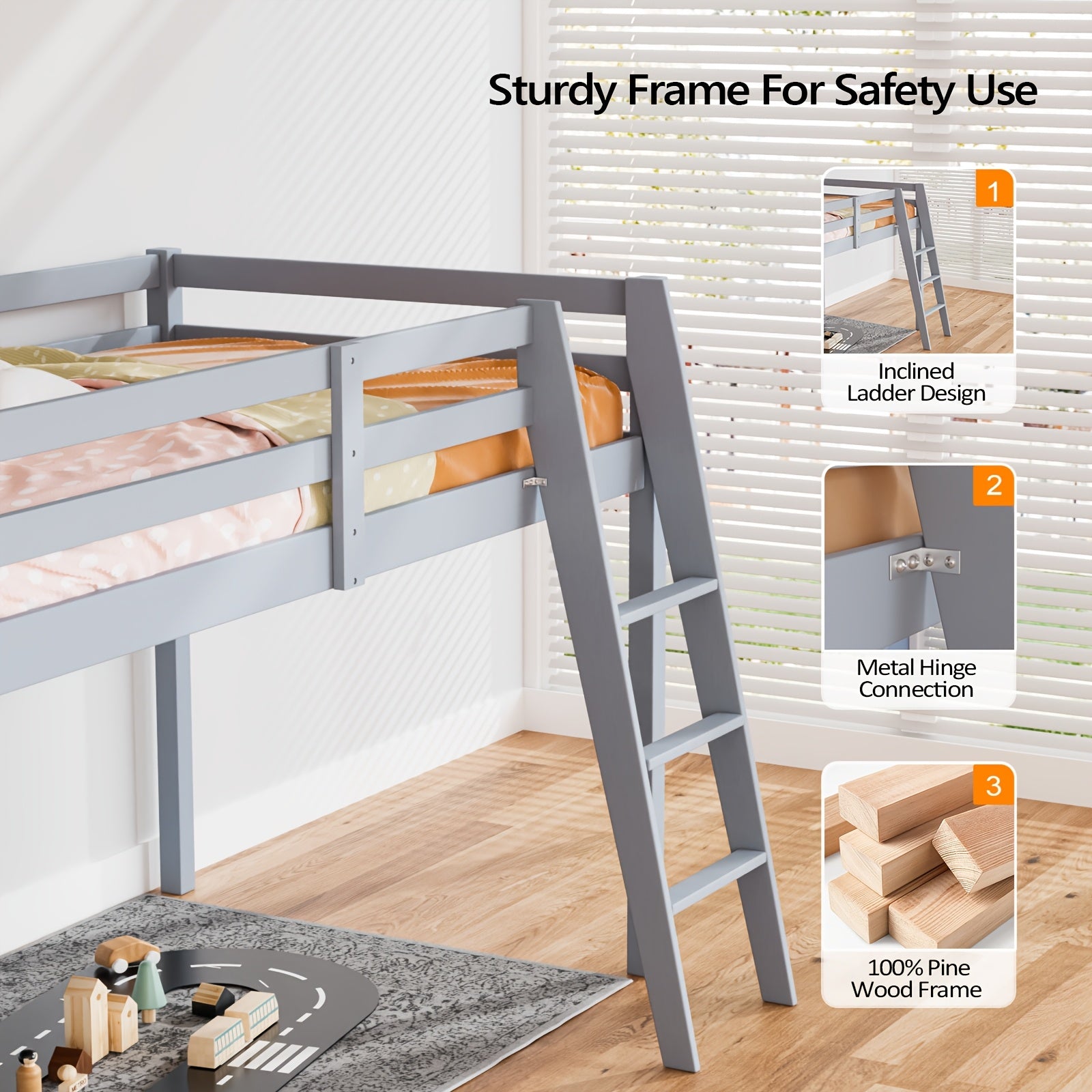 Bonnlo Twin\u002FFull Low Loft Bed with Inclined Stairs - Solid Wood & MDF Bunk Bed Frame, High Guard Rail, No Box Spring Needed, Space-Saving Bed for,,, Small Rooms (No Assembly Required)