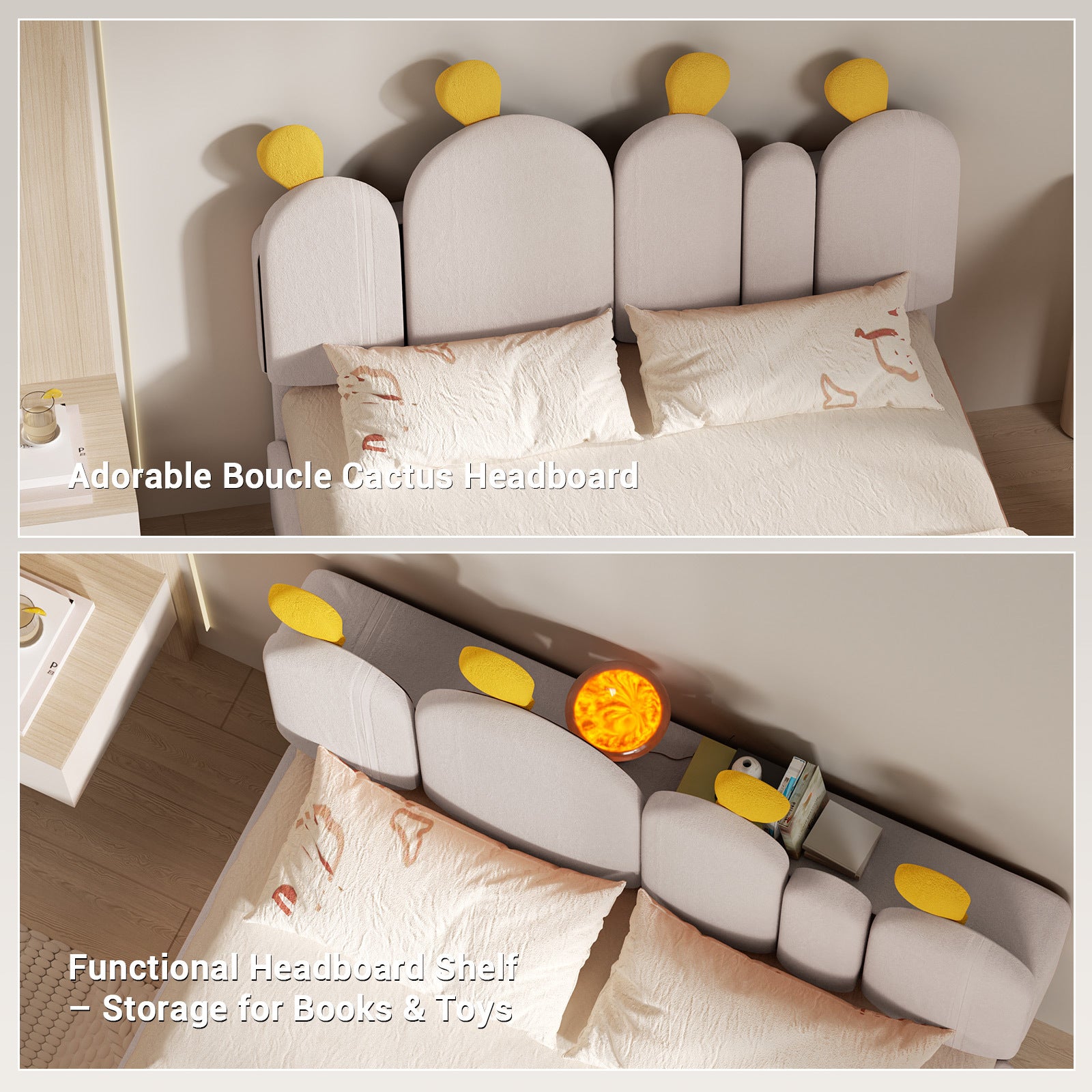 Boucle Bed Frame with Headboard .Cactus Upholstered Platform Bed, Soft Rounded Corners, Solid Wood Slats Support\u002FNo Box Spring Needed
