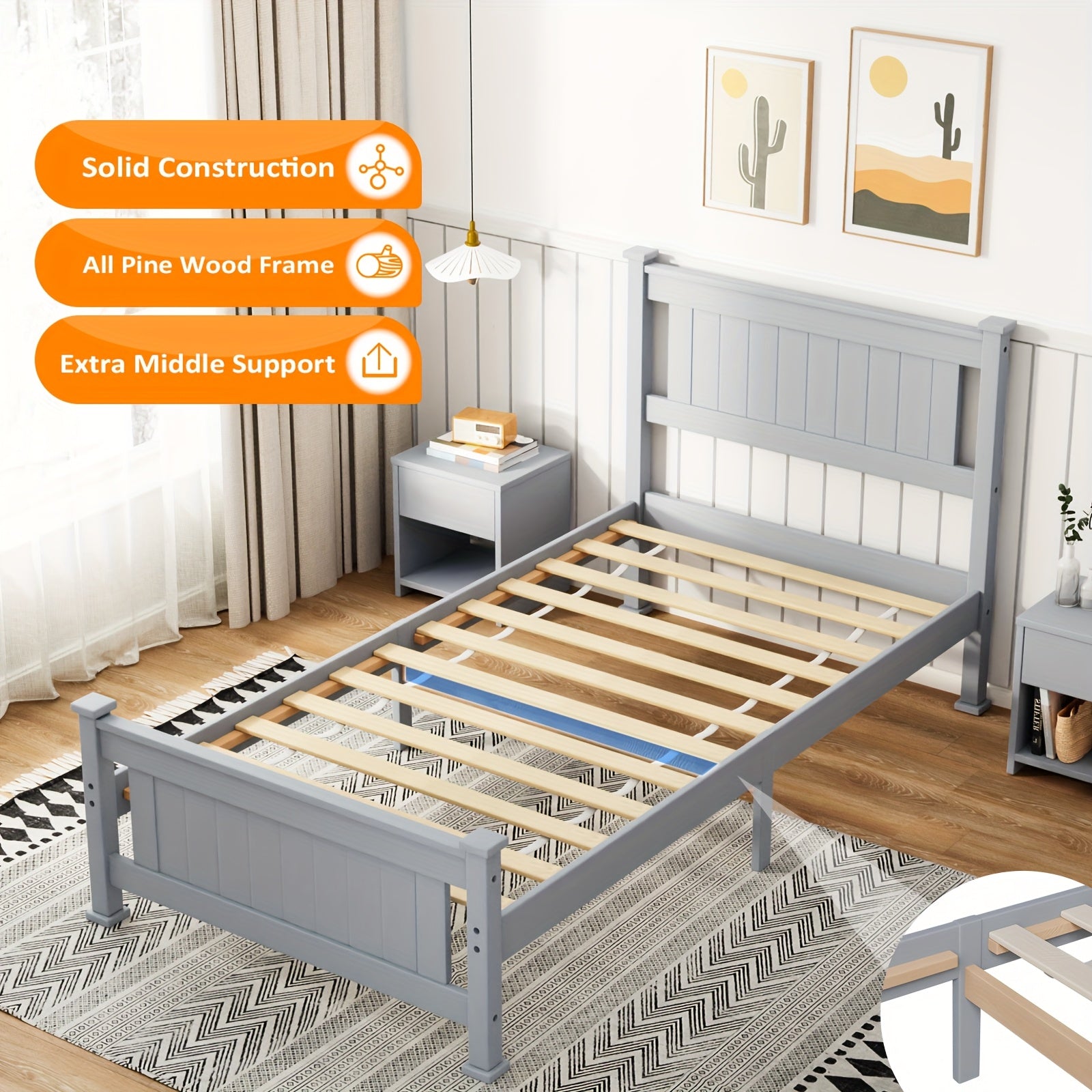 Bonnlo Sturdy Wooden Bed Frame with Headboard, Durable Support Without The Need for a Box Spring