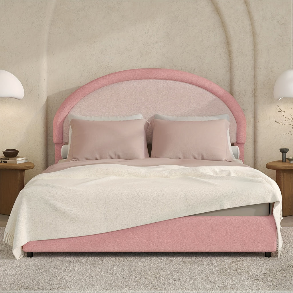 Twin Full Queen Size Bed Frame, Boucle Upholstered Platform Bed With Headboard, Soft Rounded Corners, No Box Spring Required, Easy Assembly, Pink\u002FWhite\u002FGrey