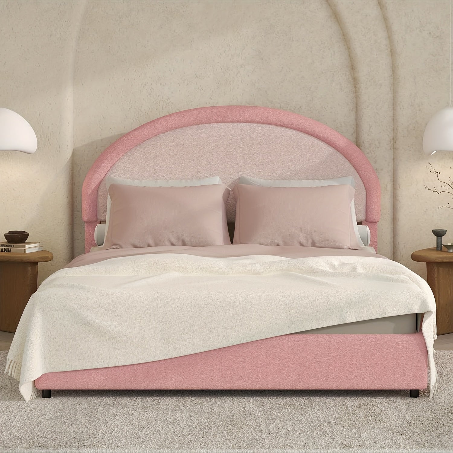 Twin Full Queen Size Bed Frame, Boucle Upholstered Platform Bed With Headboard, Soft Rounded Corners, No Box Spring Required, Easy Assembly, Pink\u002FWhite\u002FGrey