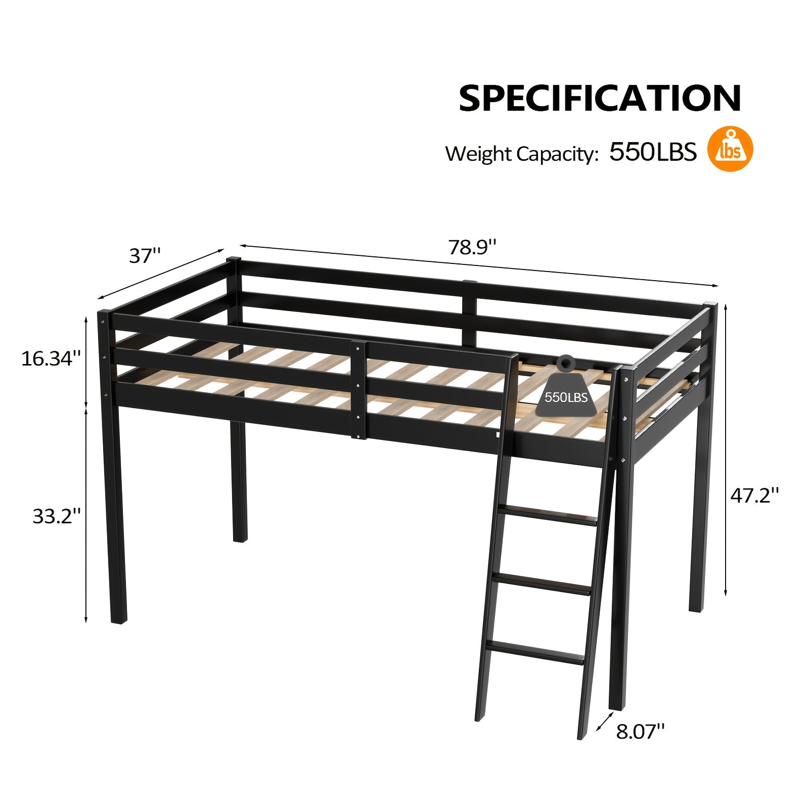 Bonnlo Twin\u002FFull Low Loft Bed with Inclined Stairs - Solid Wood & MDF Bunk Bed Frame, High Guard Rail, No Box Spring Needed, Space-Saving Bed for,,, Small Rooms (No Assembly Required)
