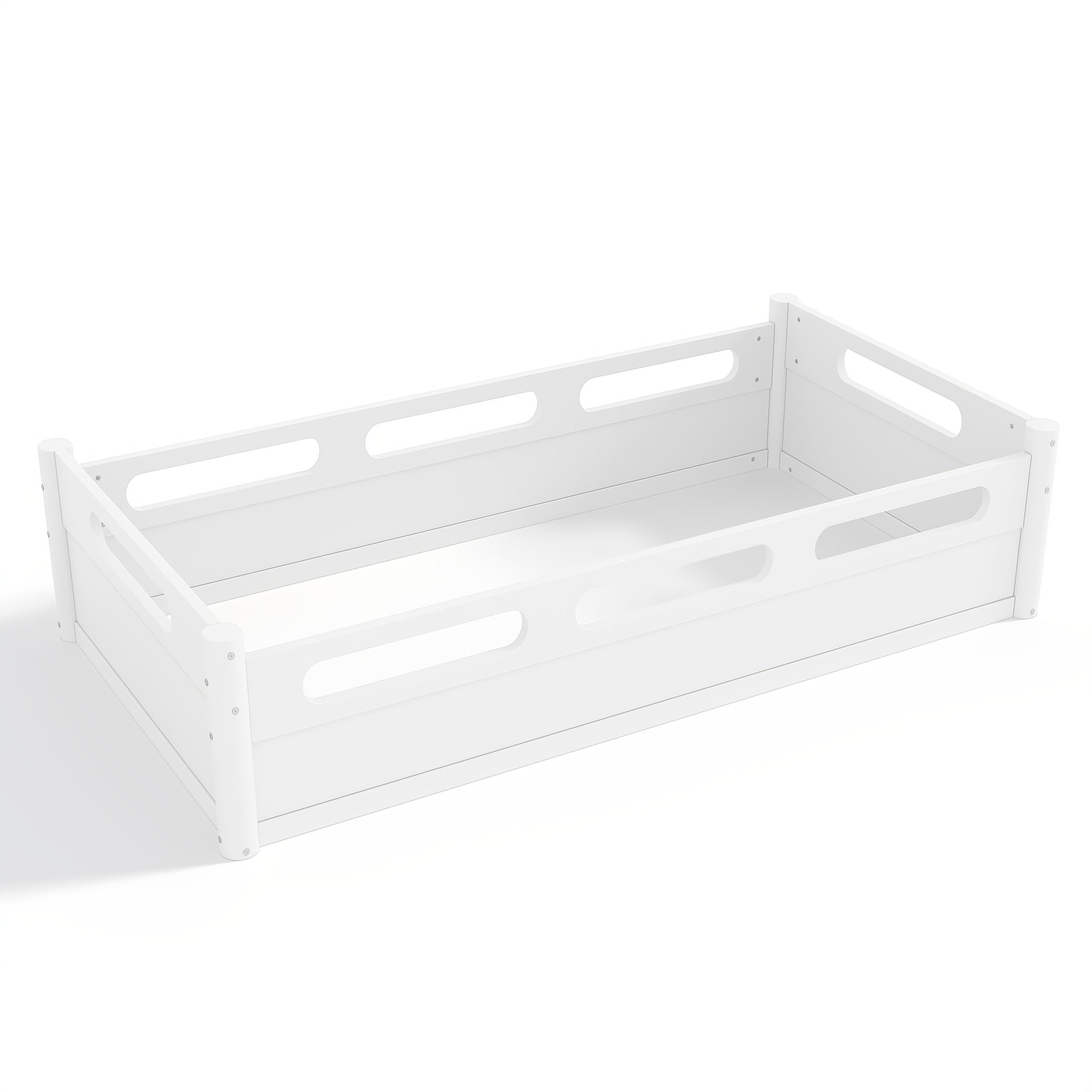 BELLEMAVE Twin Size Floor Platform Bed with Full-length Guardrails, Low Profile Twin Bed Frame, No Box Spring Needed, White