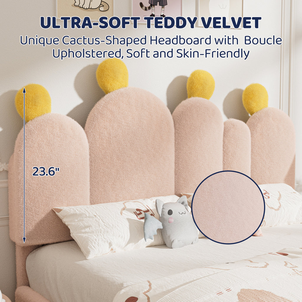 Boucle Bed Frame with Headboard .Cactus Upholstered Platform Bed, Soft Rounded Corners, Solid Wood Slats Support\u002FNo Box Spring Needed