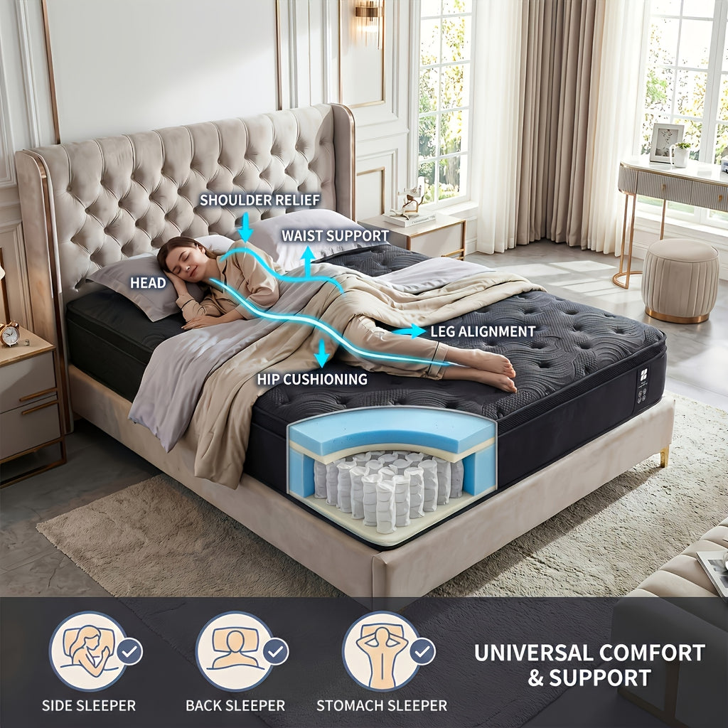 7pcs Black Bedding Set\u002F 1pc Mattress, 12-Inch Twin Size Hybrid Mattress with Individually Pocketed Springs (Motion Isolation), Skin-Friendly Breathable Foam, Edge Support, Pressure Relief, Bed-In-A-Box