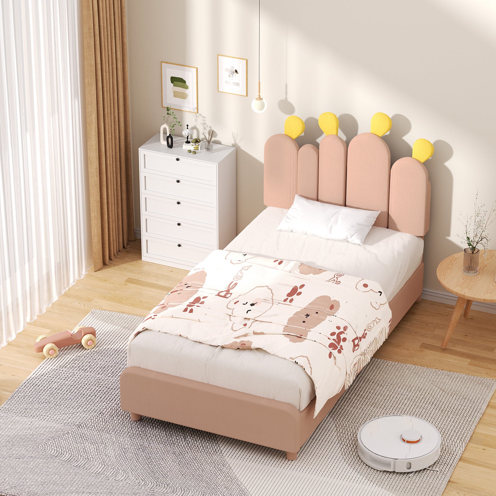 Boucle Bed Frame with Headboard .Cactus Upholstered Platform Bed, Soft Rounded Corners, Solid Wood Slats Support\u002FNo Box Spring Needed