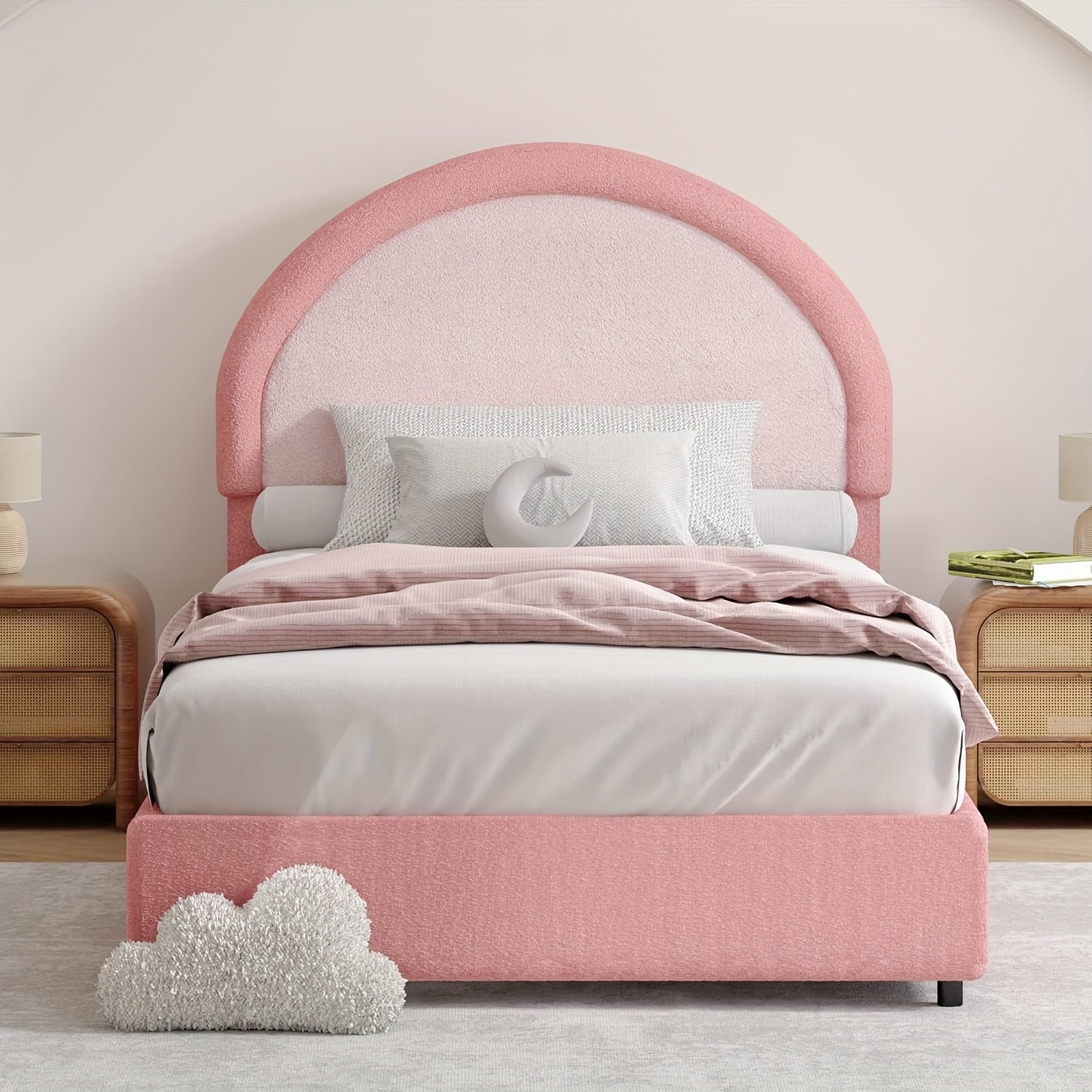 Twin Full Queen Size Bed Frame, Boucle Upholstered Platform Bed With Headboard, Soft Rounded Corners, No Box Spring Required, Easy Assembly, Pink\u002FWhite\u002FGrey