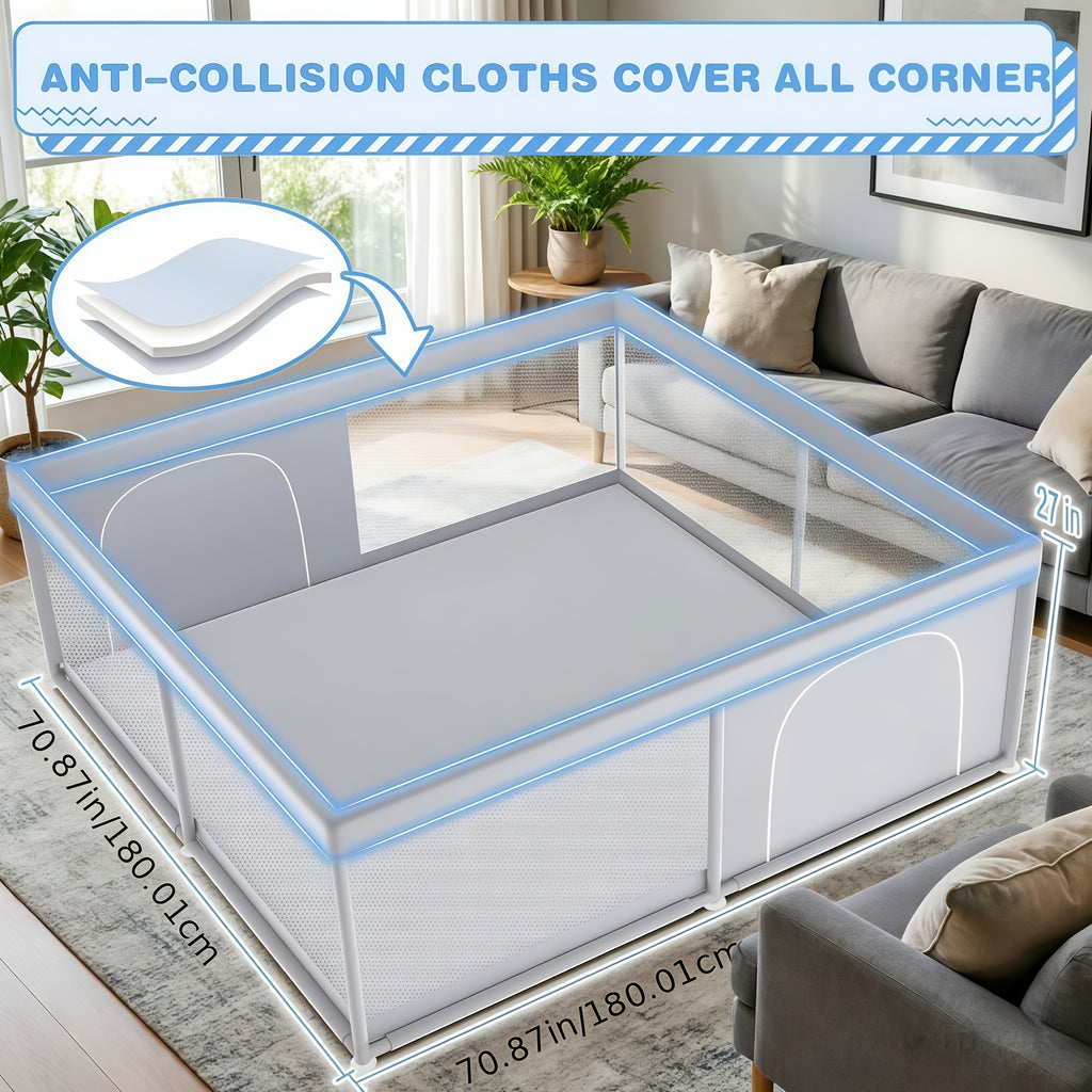 Large Baby Playpen 70.87*70.87inch (Grey\u002FBeige)Small Playpen for Babies And Toddlers Playards Indoor & Outdoor Safety Gate Floor Play Pen, Baby Play Area with Soft Breathable Visible Mesh, Anti-Fall, Indoors Playyard Fence Pin Corrales Para Babes