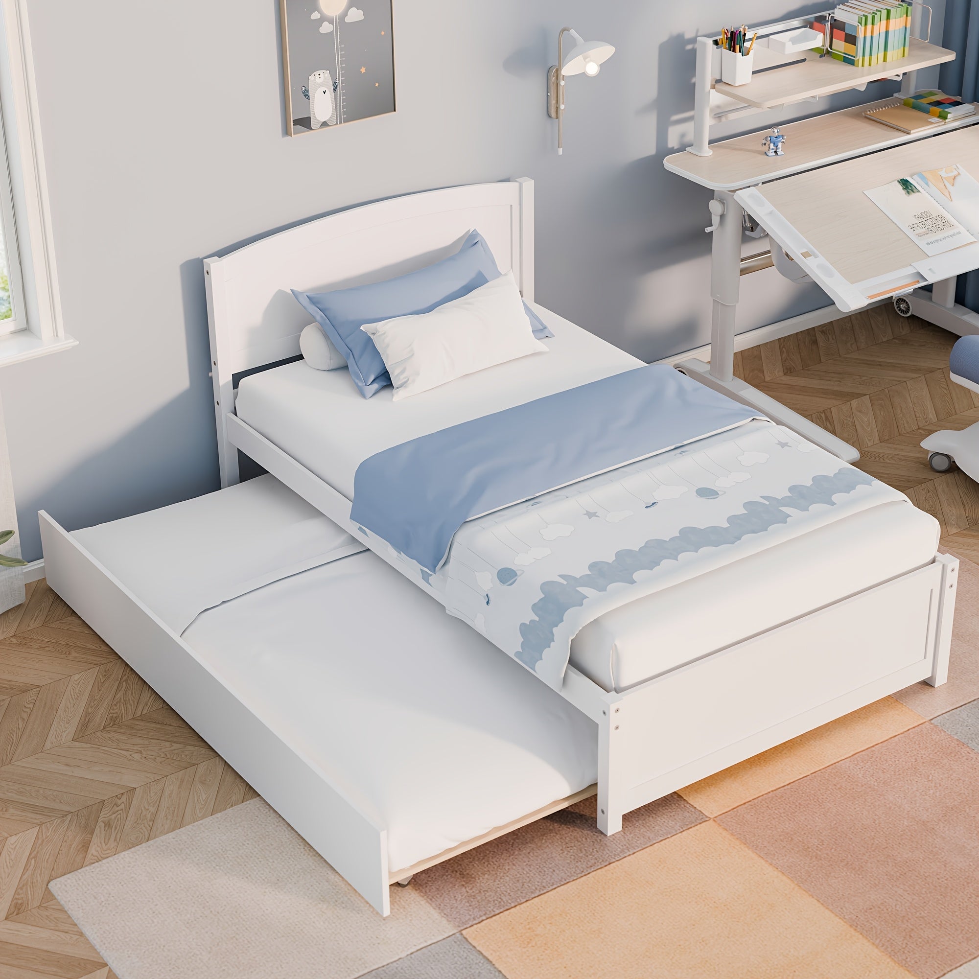 Twin Bed with Trundle, Wood Bed Frame with Headboard And Footboard Wood Platform Captain Beds