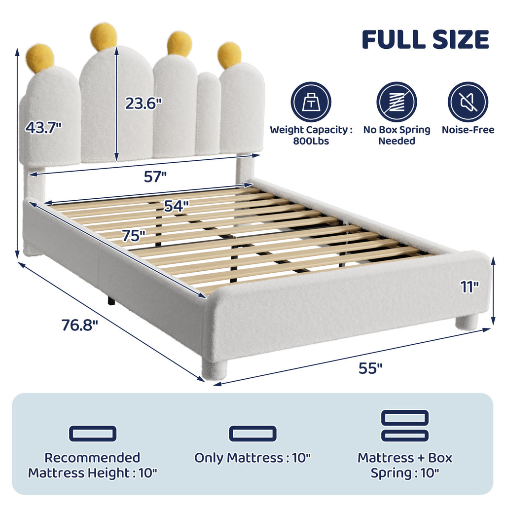 Boucle Bed Frame with Headboard .Cactus Upholstered Platform Bed, Soft Rounded Corners, Solid Wood Slats Support\u002FNo Box Spring Needed