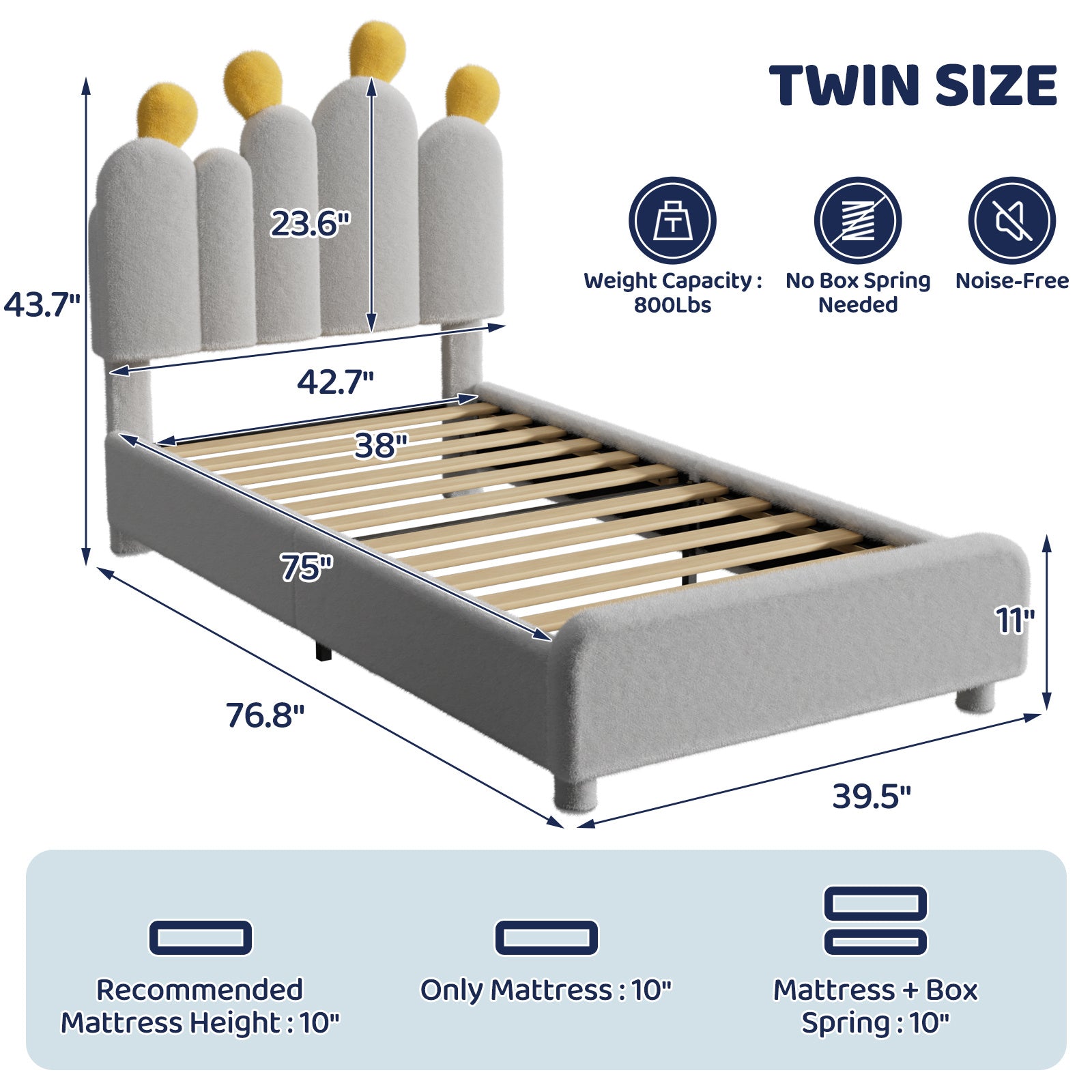 Boucle Bed Frame with Headboard .Cactus Upholstered Platform Bed, Soft Rounded Corners, Solid Wood Slats Support\u002FNo Box Spring Needed