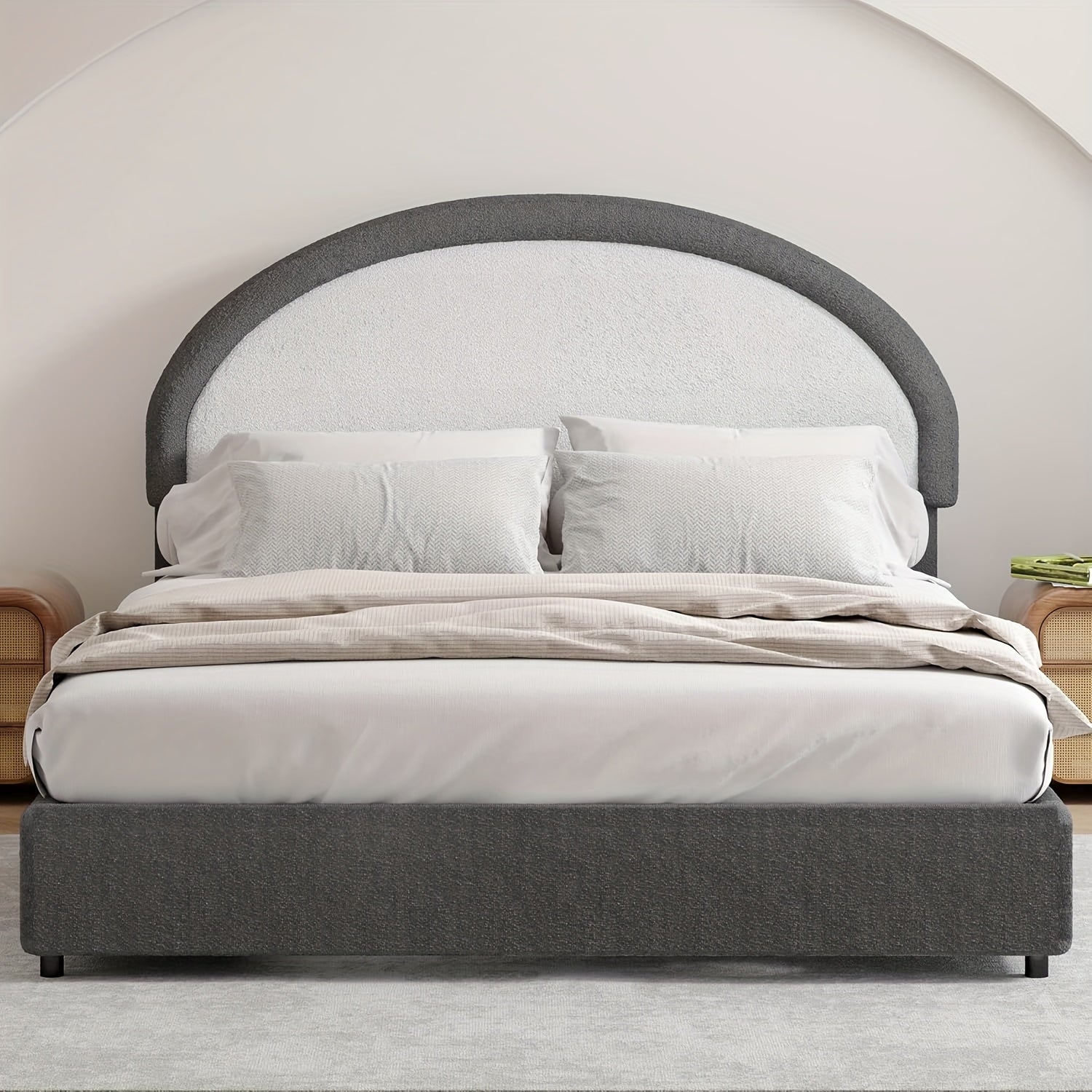 Twin Full Queen Size Bed Frame, Boucle Upholstered Platform Bed With Headboard, Soft Rounded Corners, No Box Spring Required, Easy Assembly, Pink\u002FWhite\u002FGrey