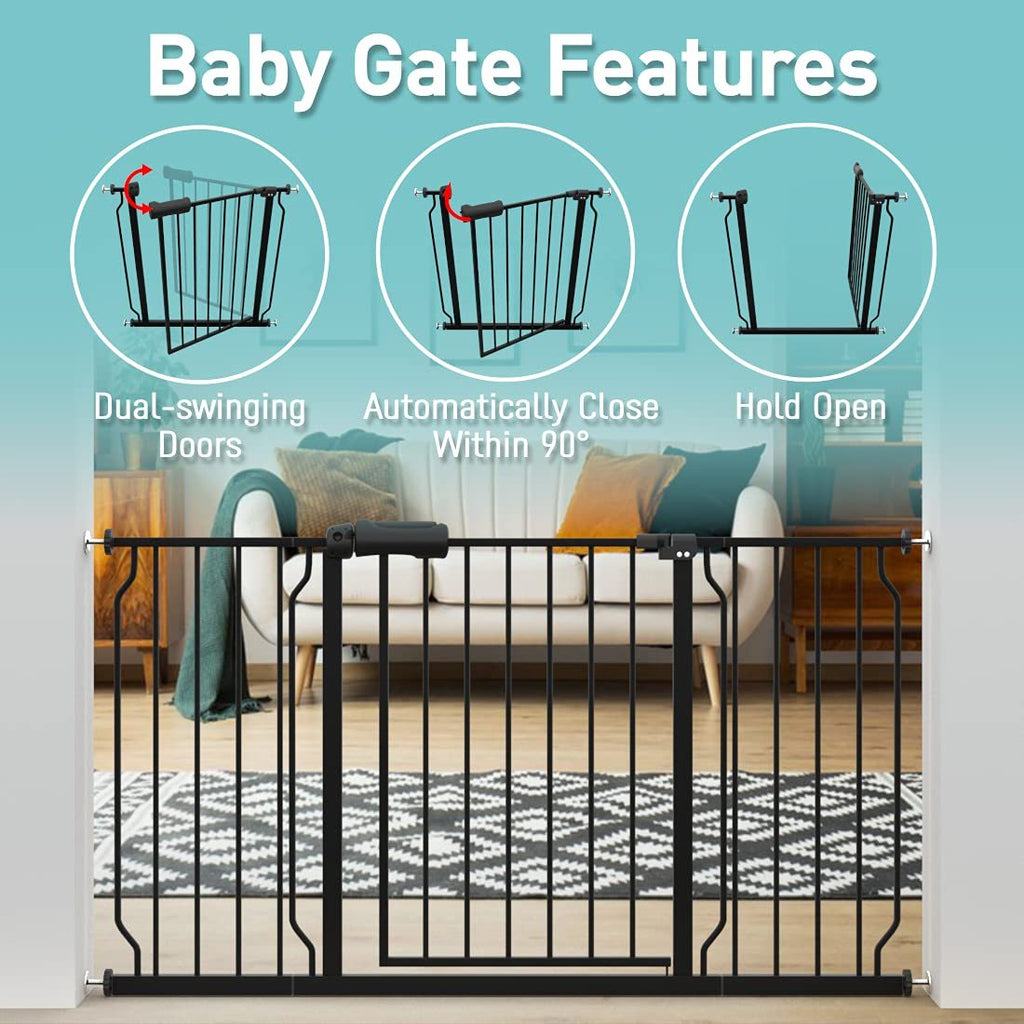 Extra Wide Pressure Mounted Safety Gate with Walk Through Door, Auto Close Swing Design, Metal Pet Gate for Stairs Doorways Kitchen, Black\u002FWhite