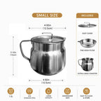 68oz 201Stainless Steel Deep Fryer Pot with Basket & Strainer, Large Capacity Bacon Grease Container for Kitchen,Frying, Cooking, Camping,Oil Filter Container - Dishwasher Safe