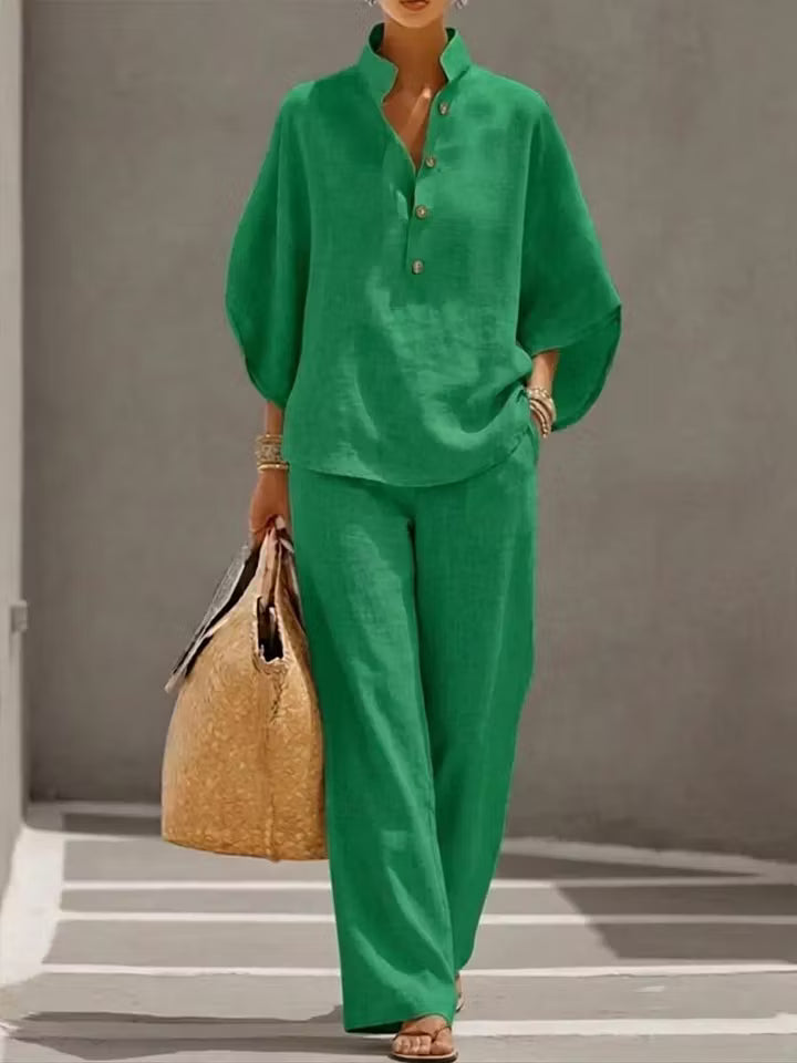 🔥Last Day 49% OFF🔥Women's Batwing Sleeve Linen Cotton Two-Piece Set – Casual Shirt & Wide Leg Pants Outfit