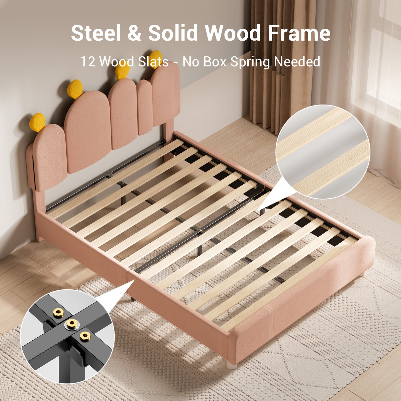Boucle Bed Frame with Headboard .Cactus Upholstered Platform Bed, Soft Rounded Corners, Solid Wood Slats Support\u002FNo Box Spring Needed