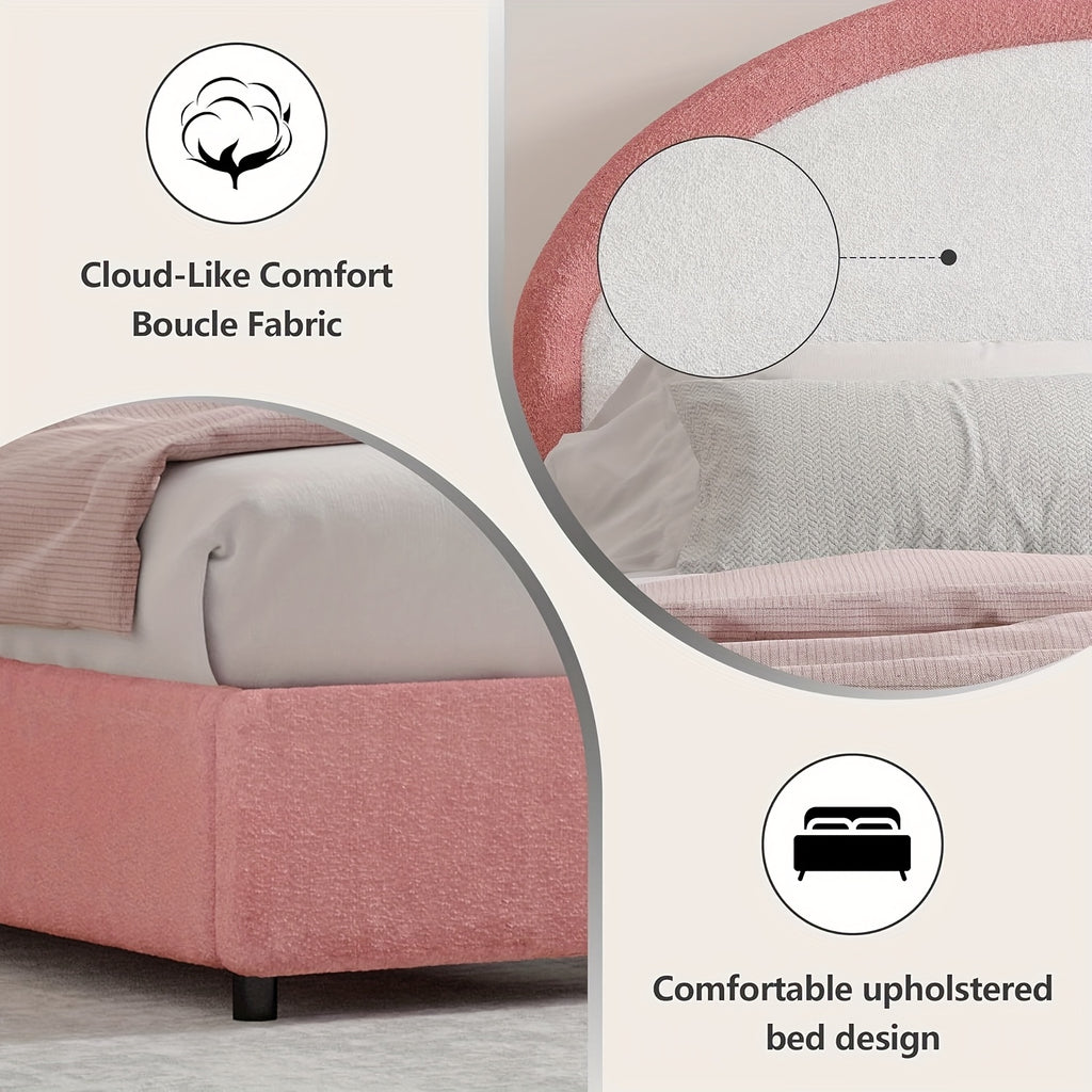 Twin Full Queen Size Bed Frame, Boucle Upholstered Platform Bed With Headboard, Soft Rounded Corners, No Box Spring Required, Easy Assembly, Pink\u002FWhite\u002FGrey