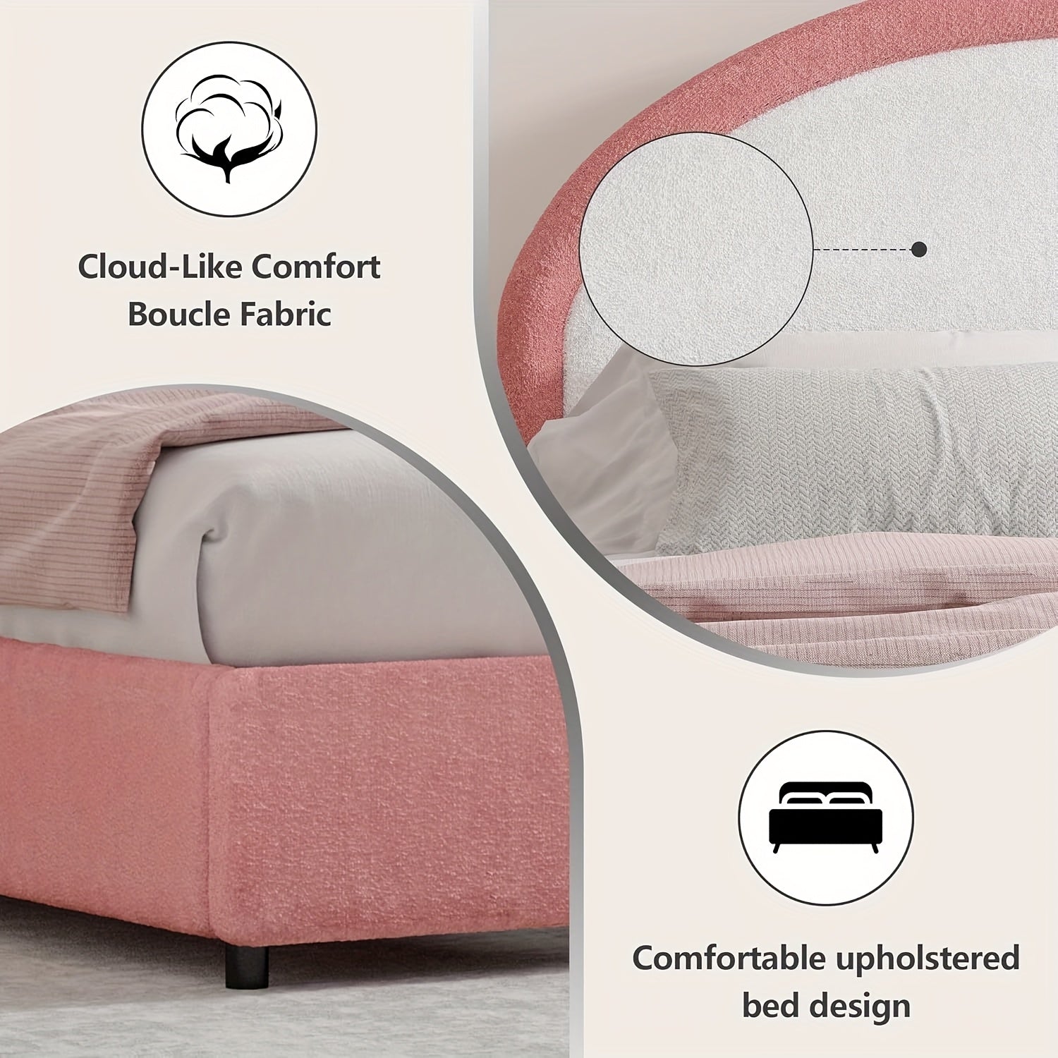 Twin Full Queen Size Bed Frame, Boucle Upholstered Platform Bed With Headboard, Soft Rounded Corners, No Box Spring Required, Easy Assembly, Pink\u002FWhite\u002FGrey