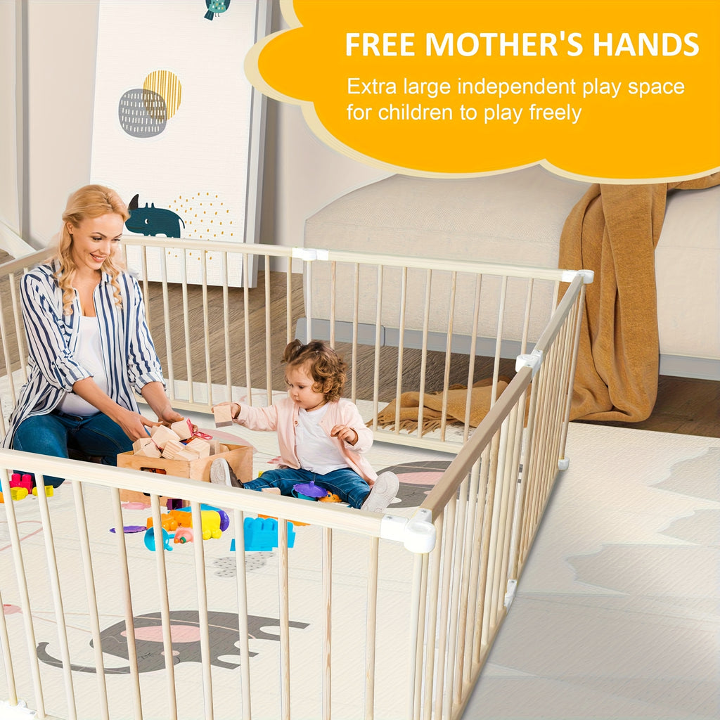 LUCKYERMORE Foldable 6-Panel Wood Baby Playpen with Gate & Anti-Slip Base - \u002F Kids Activity Center, Easy Assembly, Lockable Doors, Expandable Playpen Suitable for Babies and Toddlers