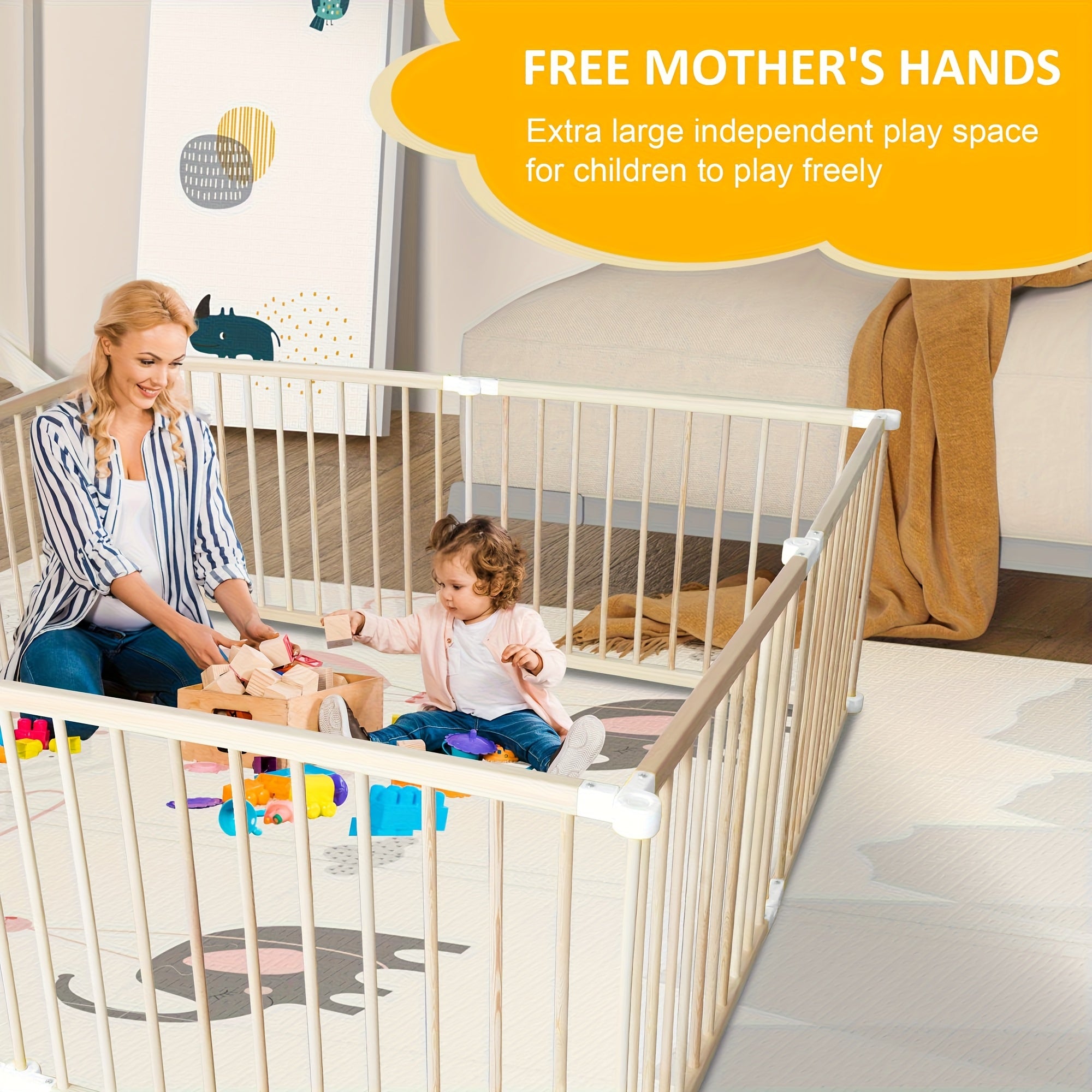LUCKYERMORE Foldable 6-Panel Wood Baby Playpen with Gate & Anti-Slip Base - \u002F Kids Activity Center, Easy Assembly, Lockable Doors, Expandable Playpen Suitable for Babies and Toddlers