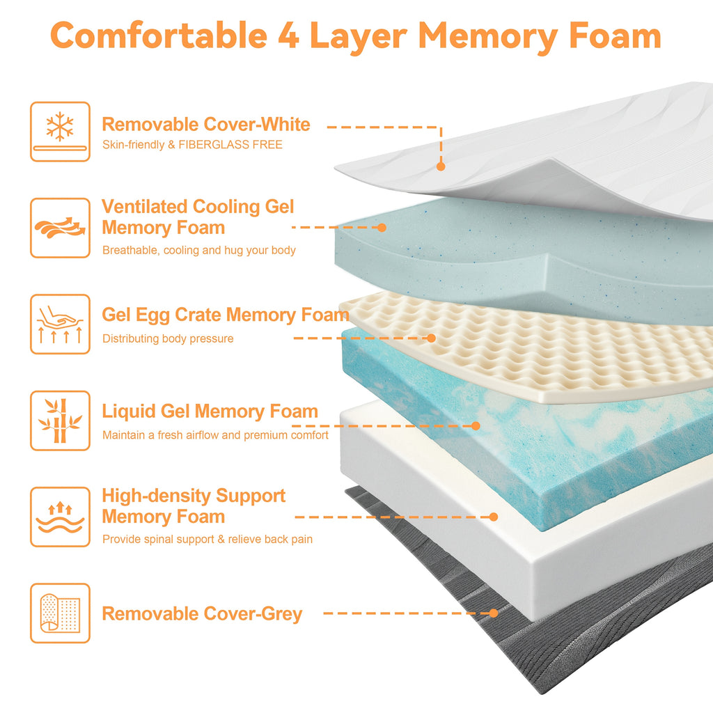 Vipbear Firm Mattress 8\u002F10\u002F12\u002F14Inch Twin, Full, Queen, King Memory Foam Mattress, Multi-Layer Memory Foam, Full Size Bed in A Box for Back And Cool Sleep with Gel Foam And Removeable Fiberglass Free Cover, Double-Sided Hardness