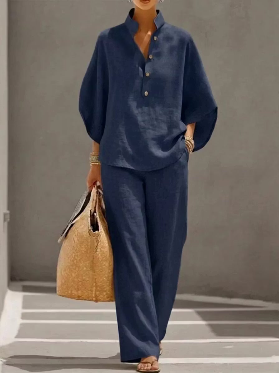 🔥Last Day 49% OFF🔥Women's Batwing Sleeve Linen Cotton Two-Piece Set – Casual Shirt & Wide Leg Pants Outfit