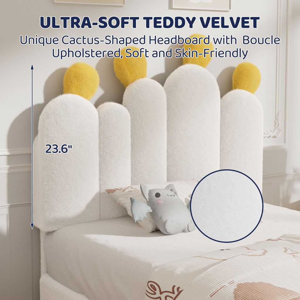Boucle Bed Frame with Headboard .Cactus Upholstered Platform Bed, Soft Rounded Corners, Solid Wood Slats Support\u002FNo Box Spring Needed