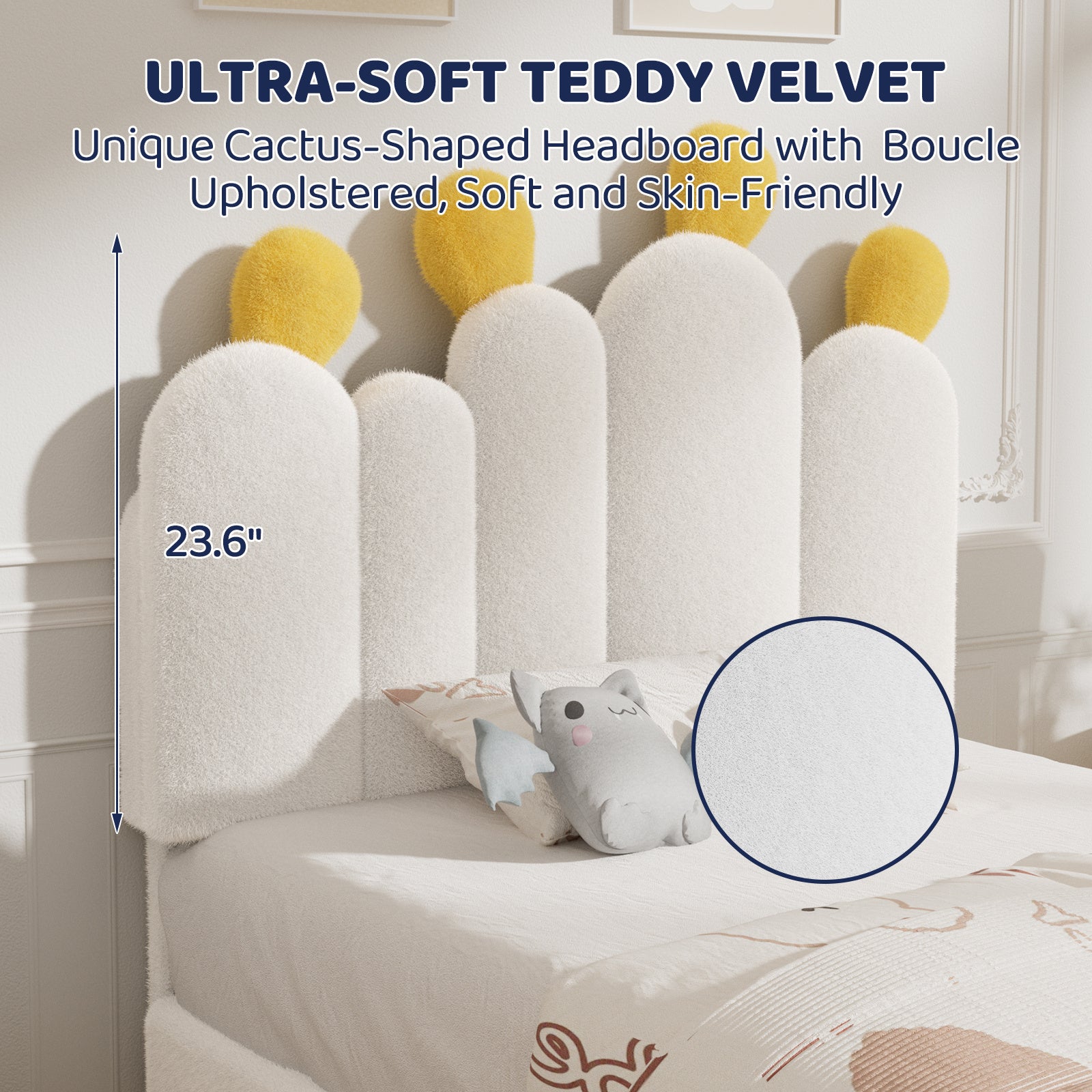 Boucle Bed Frame with Headboard .Cactus Upholstered Platform Bed, Soft Rounded Corners, Solid Wood Slats Support\u002FNo Box Spring Needed