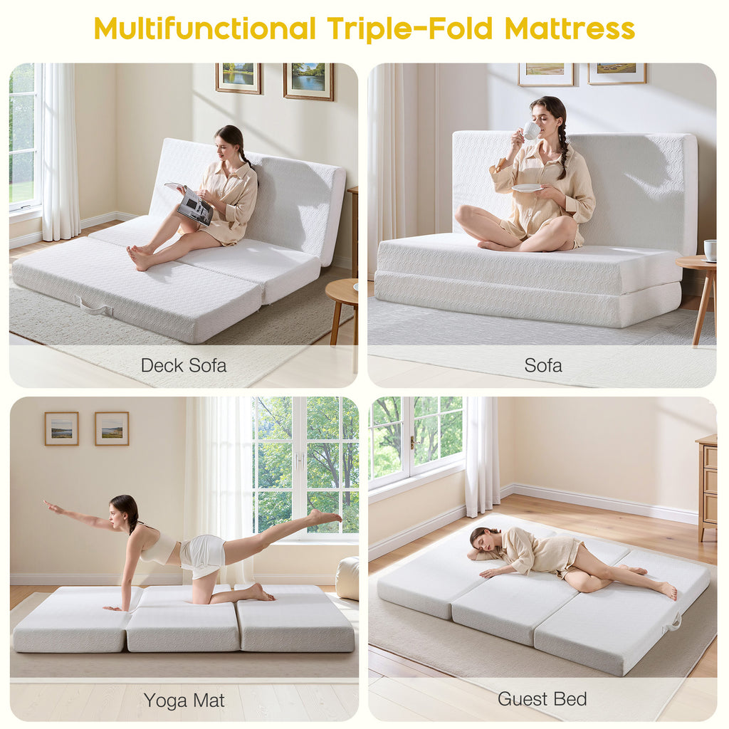 6 Inch Tri-Fold Memory Foam Mattress, Portable Folding Bed with Removable Washable Cover, Floor Mattress