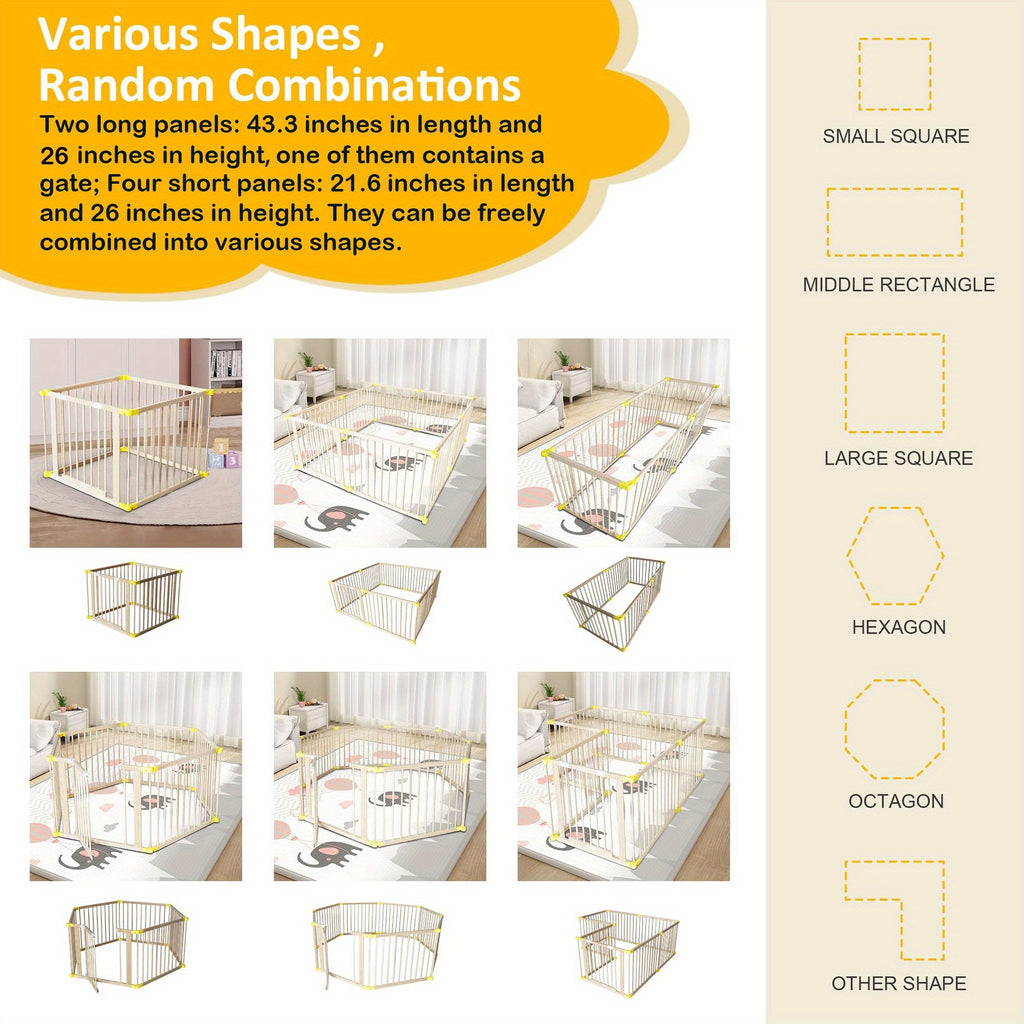 LUCKYERMORE Foldable 6-Panel Wood Baby Playpen with Gate & Anti-Slip Base - \u002F Kids Activity Center, Easy Assembly, Lockable Doors, Expandable Playpen Suitable for Babies and Toddlers