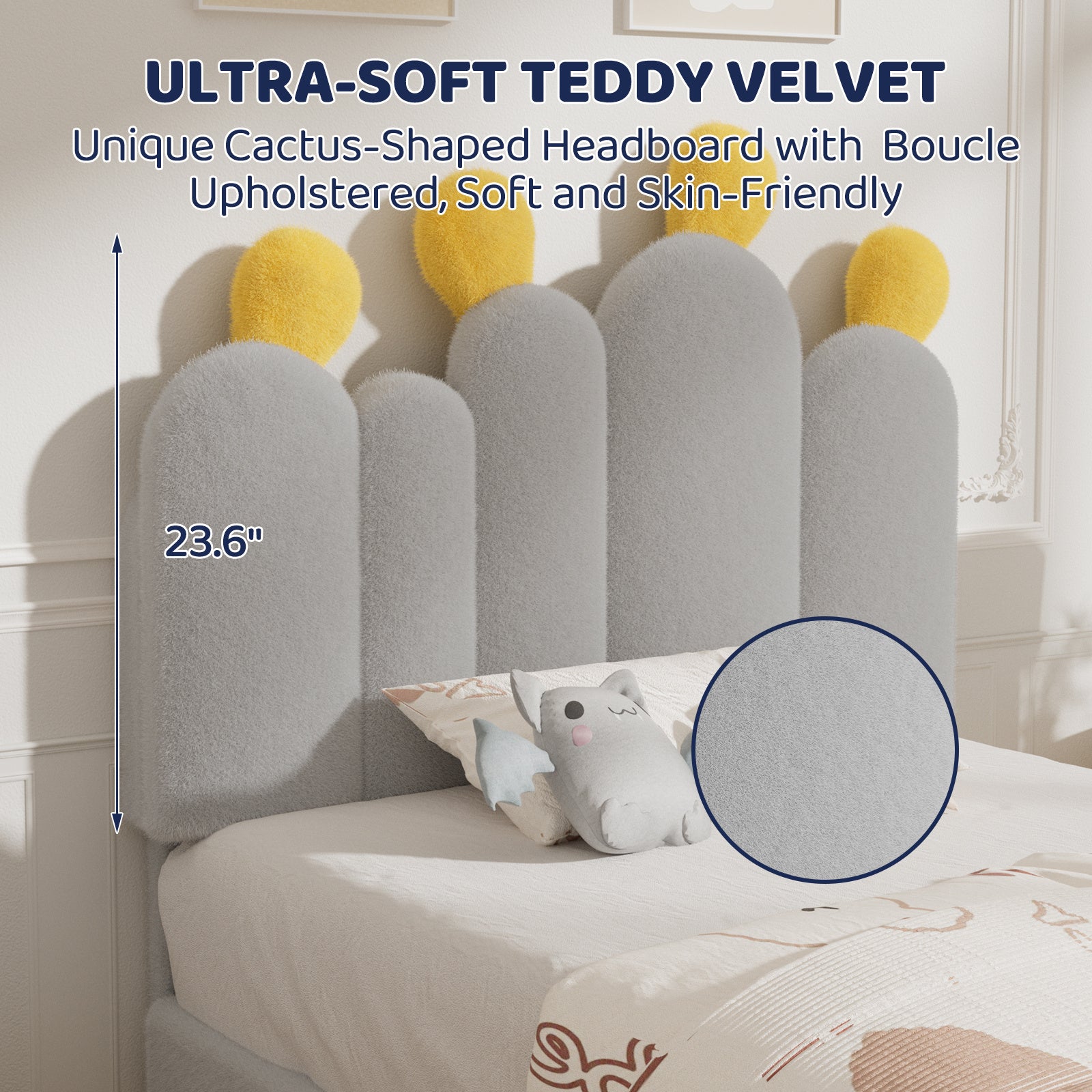 Boucle Bed Frame with Headboard .Cactus Upholstered Platform Bed, Soft Rounded Corners, Solid Wood Slats Support\u002FNo Box Spring Needed