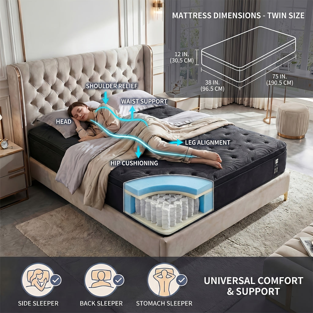 7pcs Black Bedding Set\u002F 1pc Mattress, 12-Inch Twin Size Hybrid Mattress with Individually Pocketed Springs (Motion Isolation), Skin-Friendly Breathable Foam, Edge Support, Pressure Relief, Bed-In-A-Box