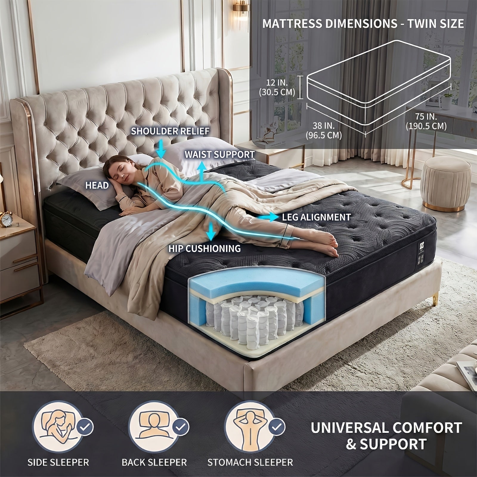 7pcs Black Bedding Set\u002F 1pc Mattress, 12-Inch Twin Size Hybrid Mattress with Individually Pocketed Springs (Motion Isolation), Skin-Friendly Breathable Foam, Edge Support, Pressure Relief, Bed-In-A-Box