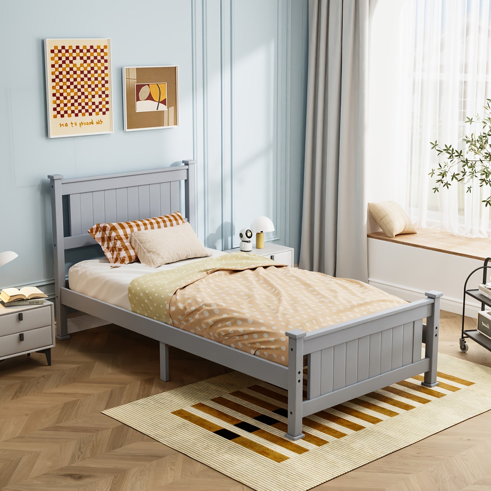 Bonnlo Sturdy Wooden Bed Frame with Headboard, Durable Support Without The Need for a Box Spring