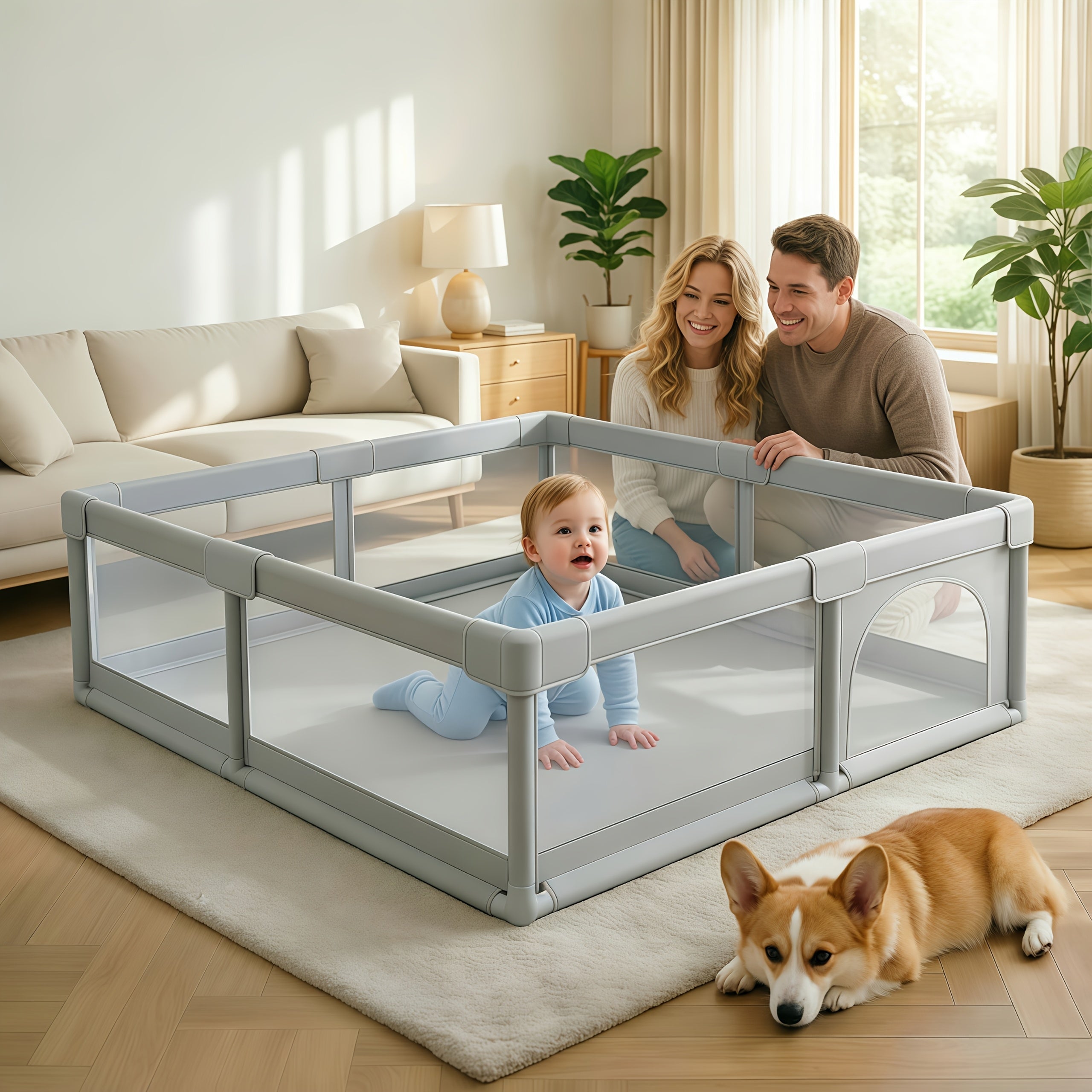 Large Baby Playpen 70.87*70.87inch (Grey\u002FBeige)Small Playpen for Babies And Toddlers Playards Indoor & Outdoor Safety Gate Floor Play Pen, Baby Play Area with Soft Breathable Visible Mesh, Anti-Fall, Indoors Playyard Fence Pin Corrales Para Babes